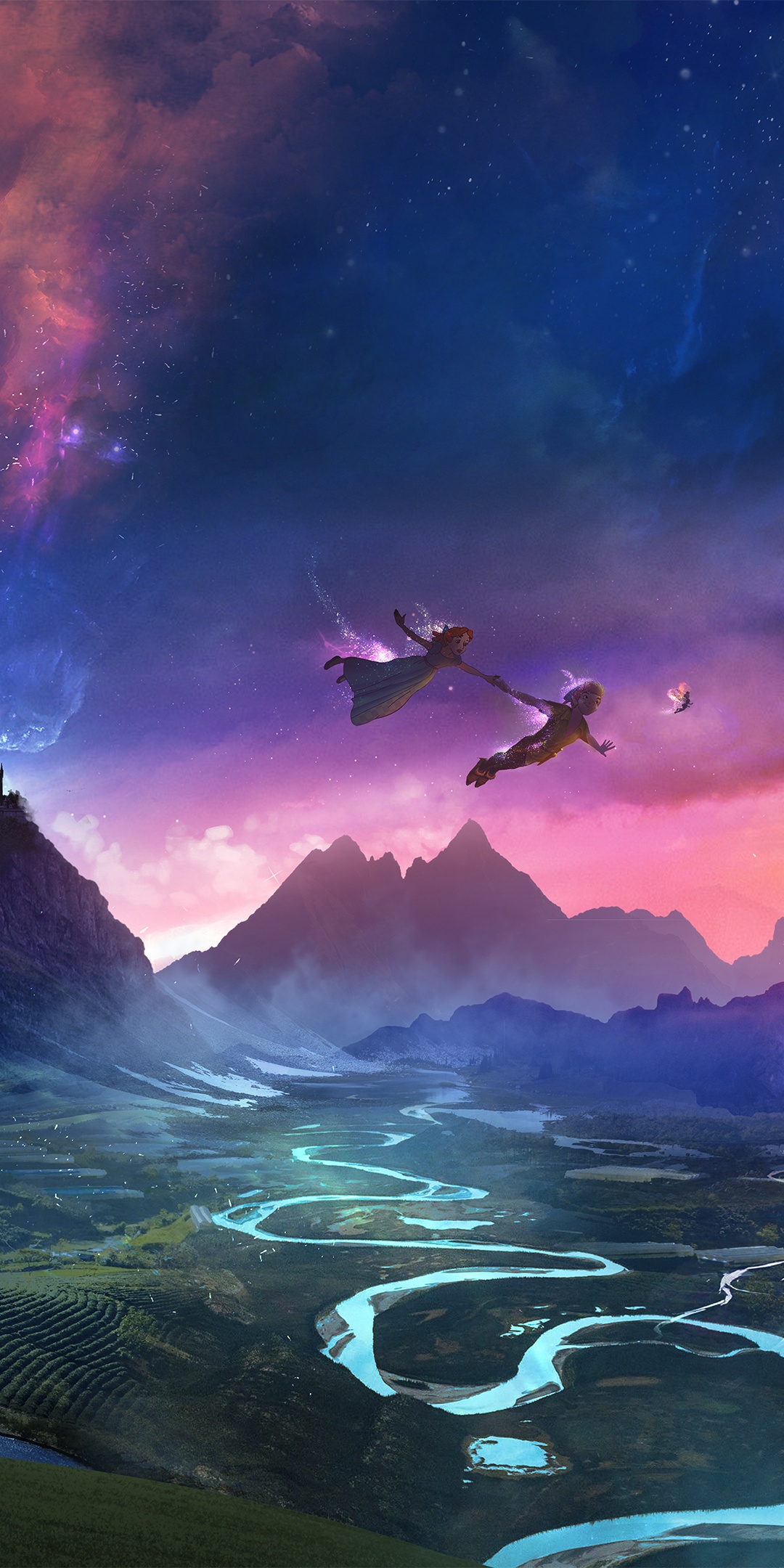 Dream 4K Wallpaper, Flying together, Mountains, Evening, Dusk, Boy and