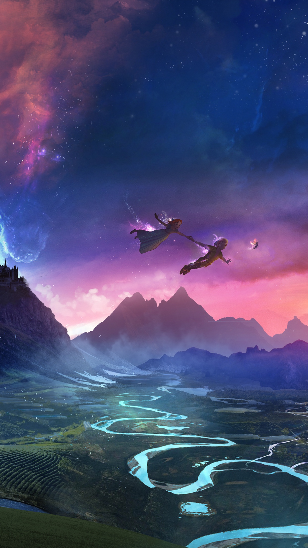 Dream 4K Wallpaper, Flying together, Mountains, Evening, Dusk, Boy and