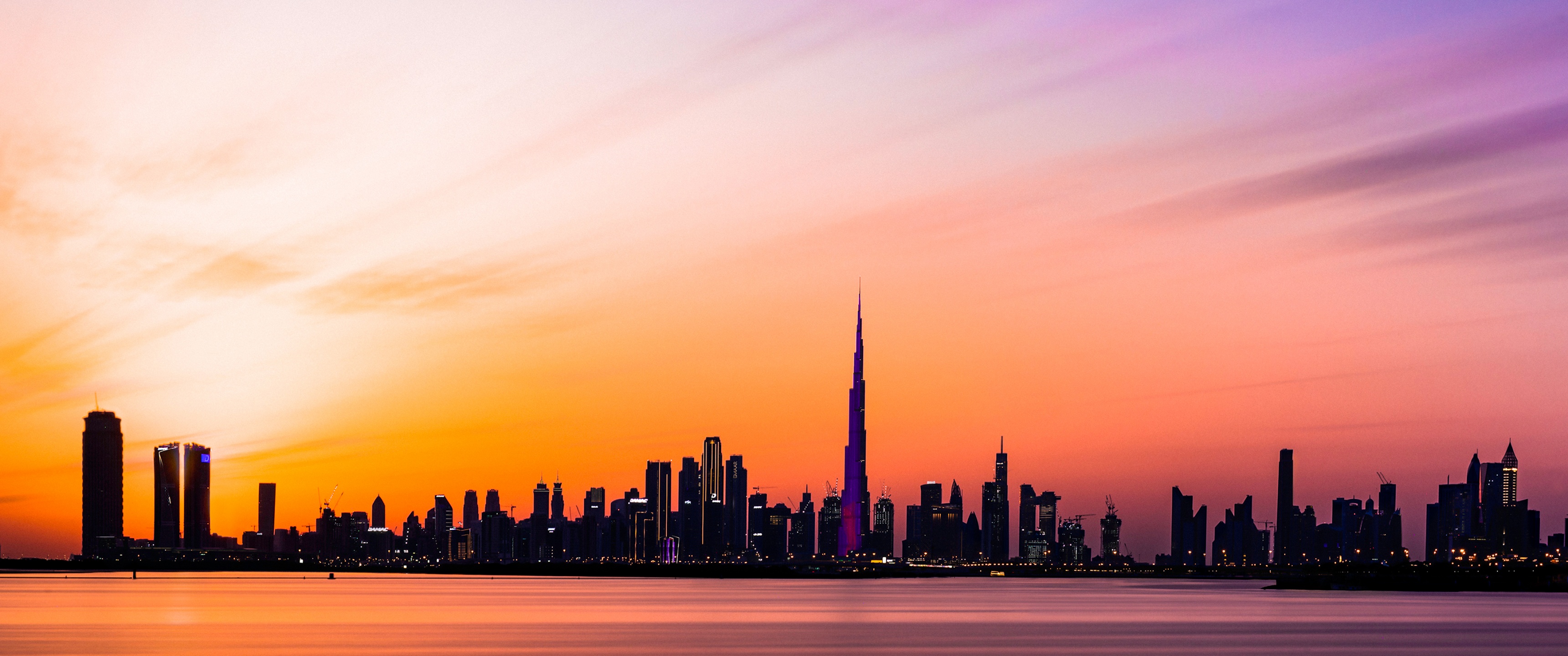 Dubai City Wallpaper 4K, Burj Khalifa, Skyline, Silhouette, Cityscape