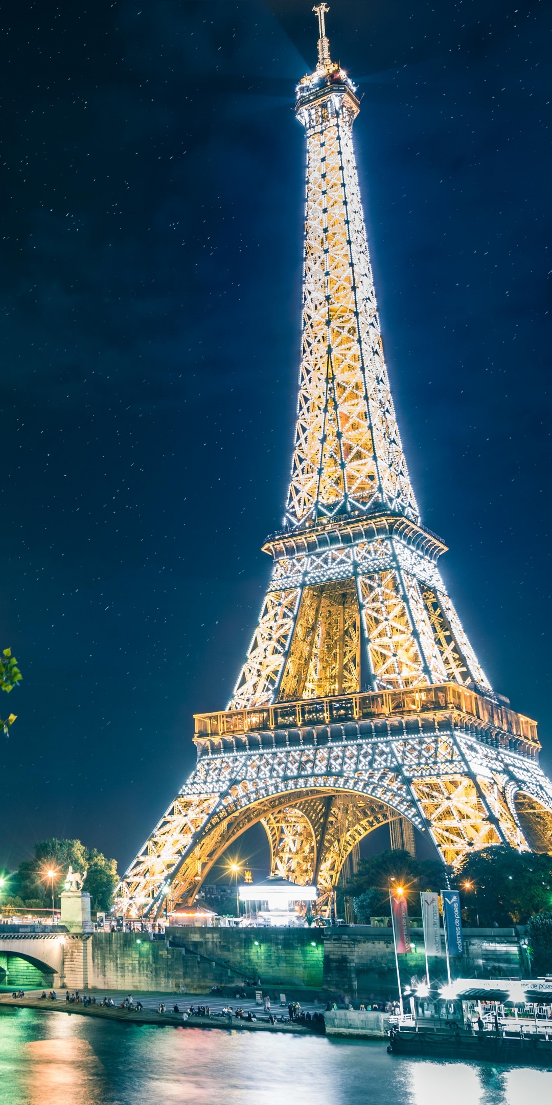 Eiffel Tower Wallpaper 4K, Night time, Glowing lights, Starry sky