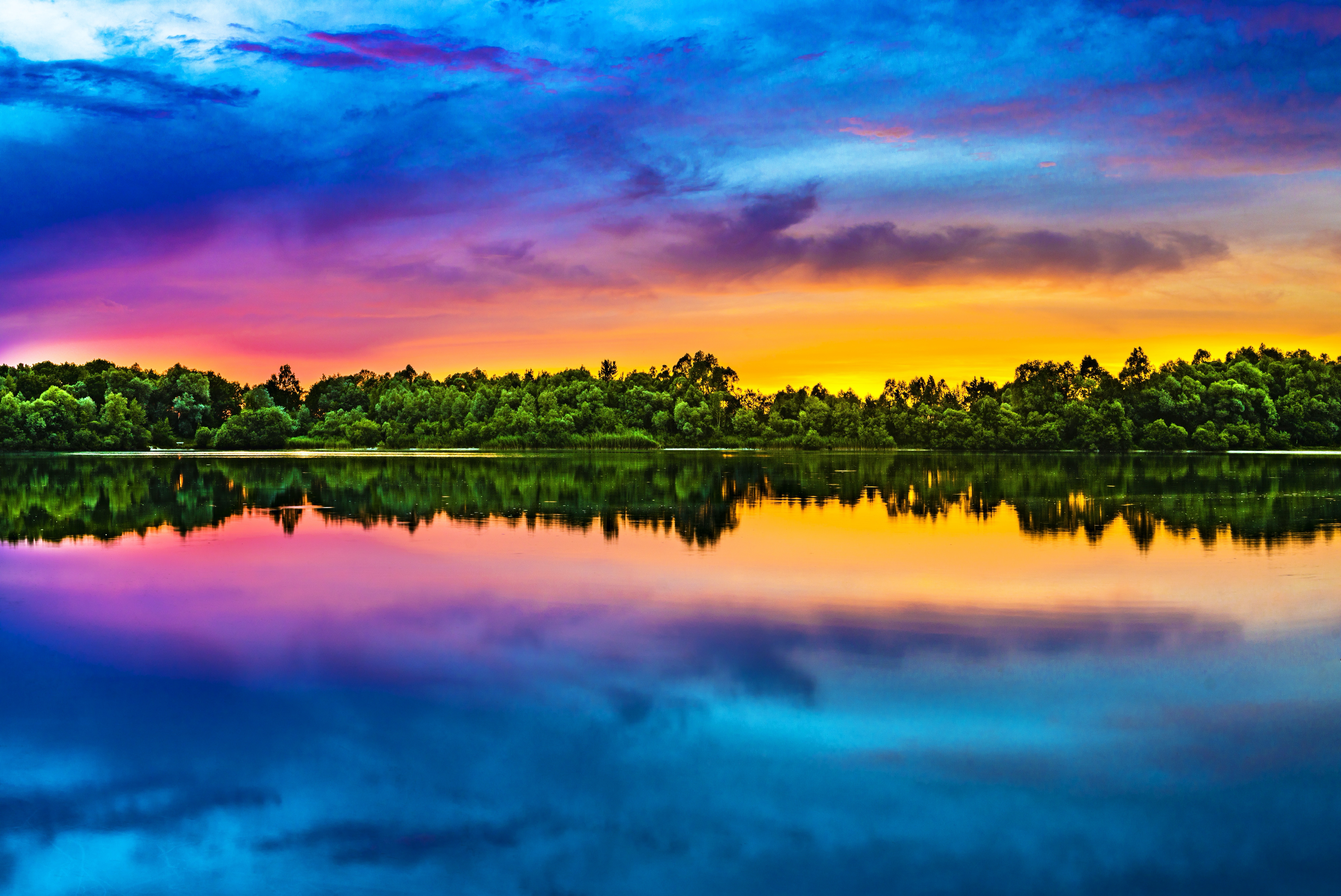 Evening sky Wallpaper 4K, Multicolor, Colorful, Lake reflection, Sunset