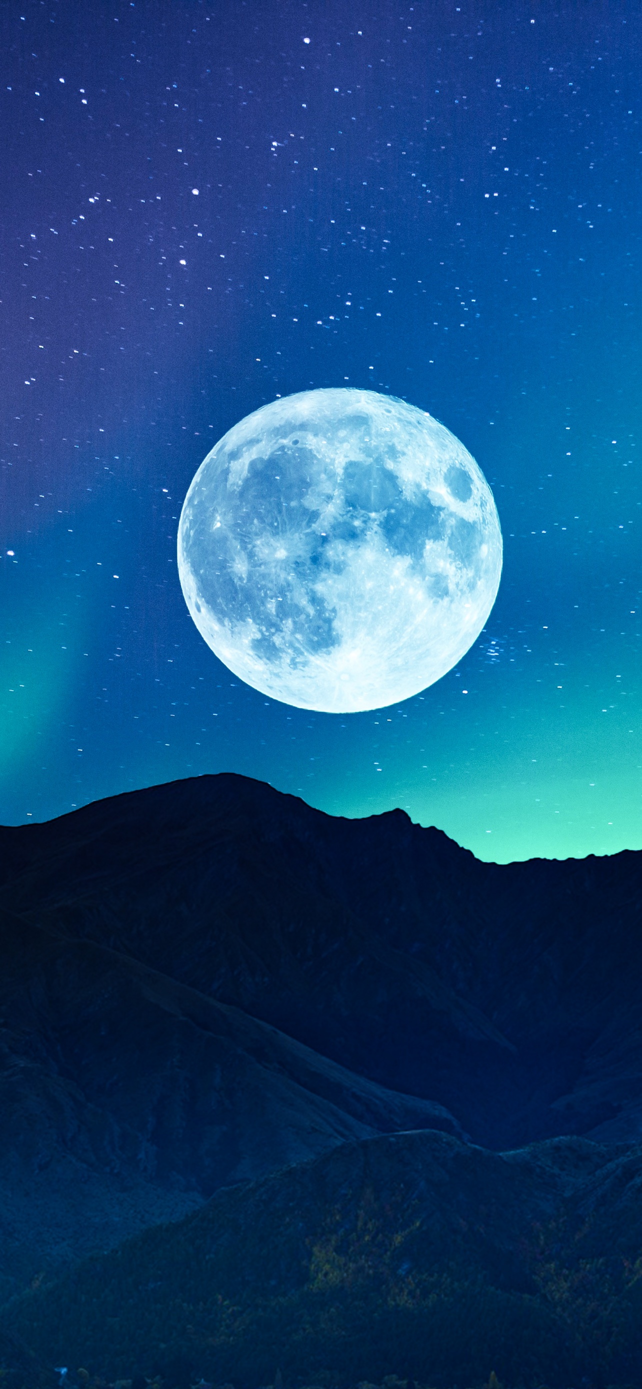 What is the title of this picture ? Full Moon 4K Wallpaper, Aurora Borealis, Night time, Mountain