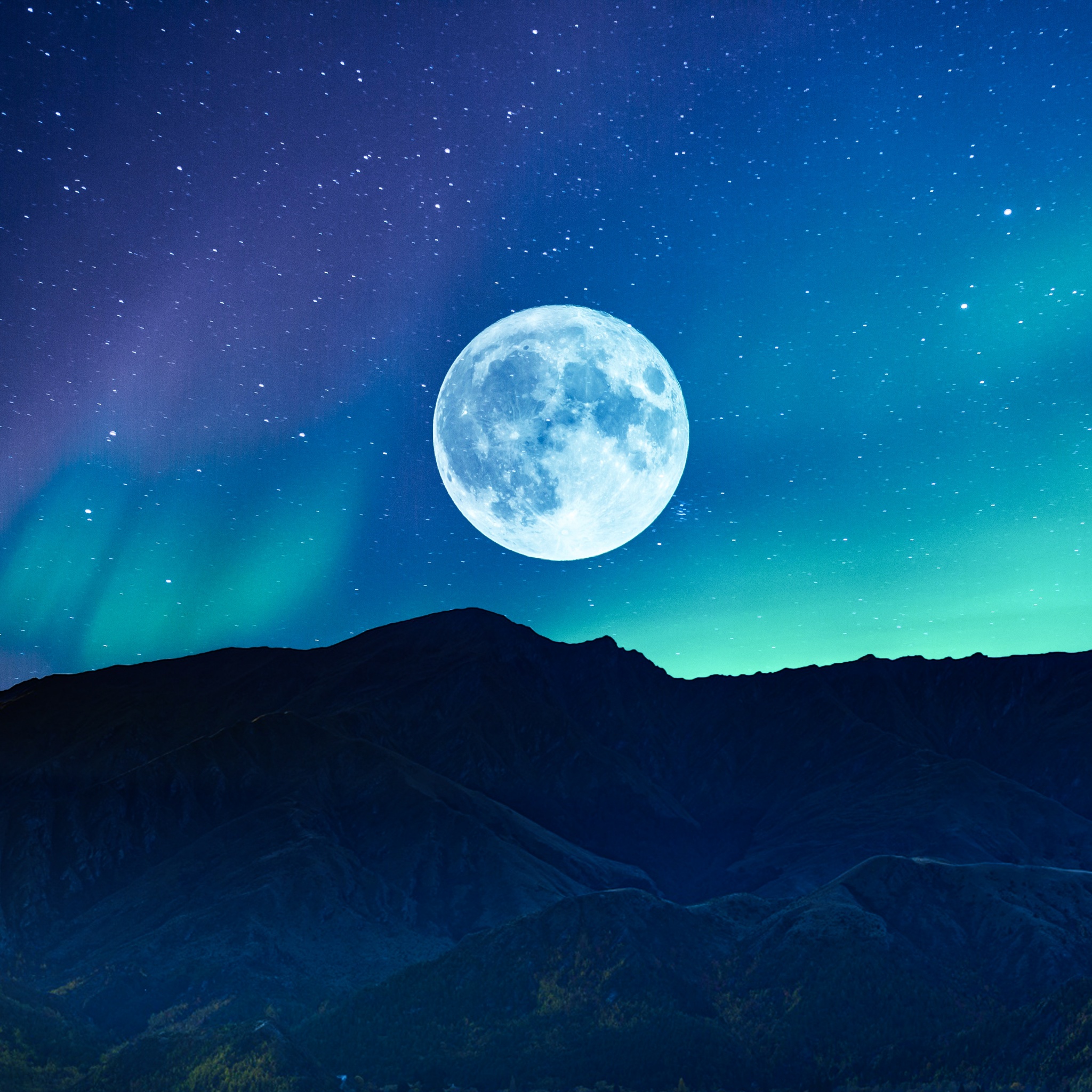 Full moon Wallpaper 4K, Aurora Borealis, Night time, Mountain, Nature