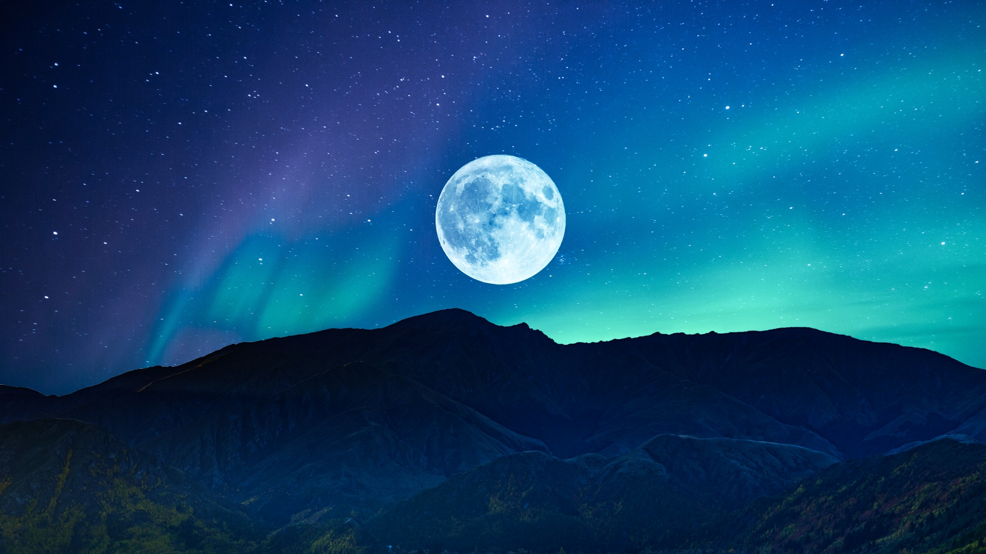 Full Moon 4K Wallpaper, Aurora Borealis, Night time, Mountain