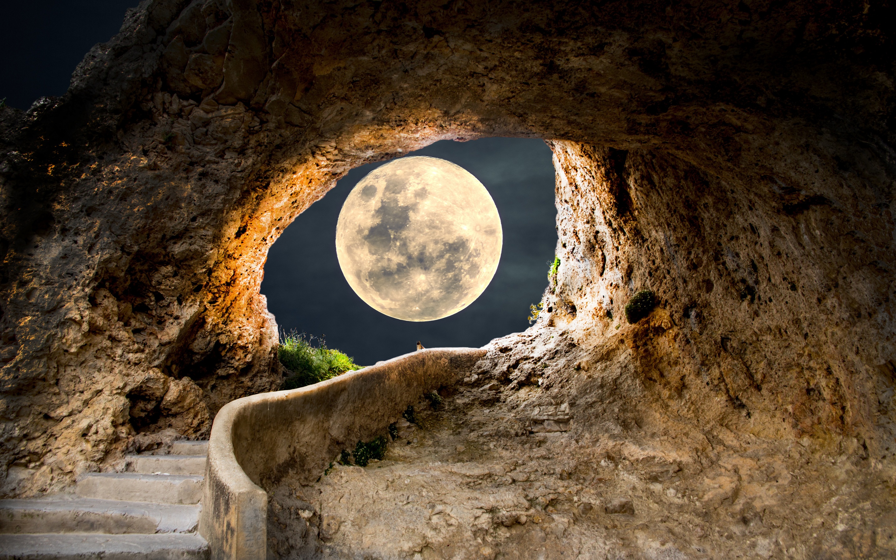 Full moon 4K Wallpaper, Cave, Steps, Path, Tunnel, Landscape, Stairs