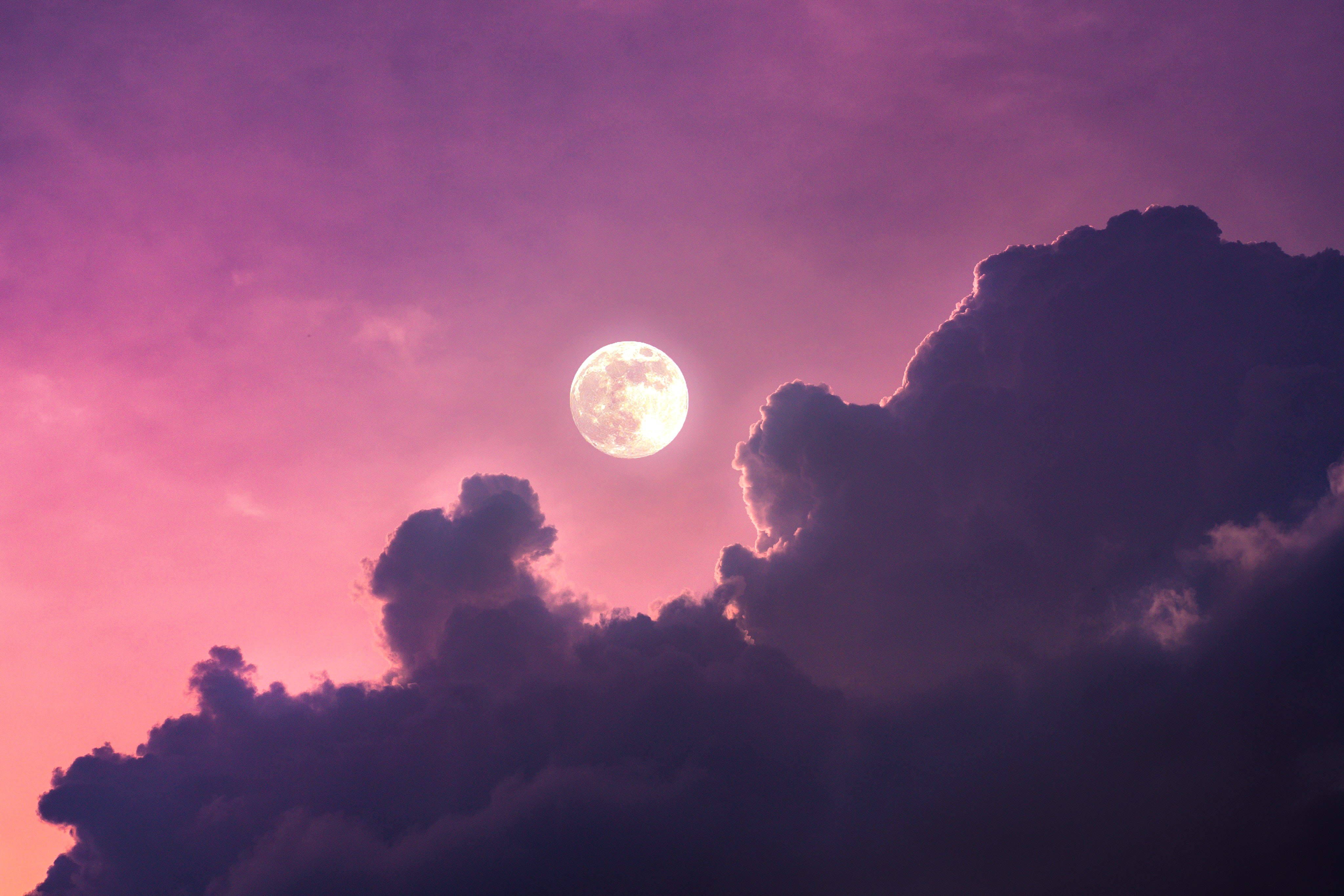 Full moon Wallpaper 4K, Aesthetic, Clouds, Pink sky