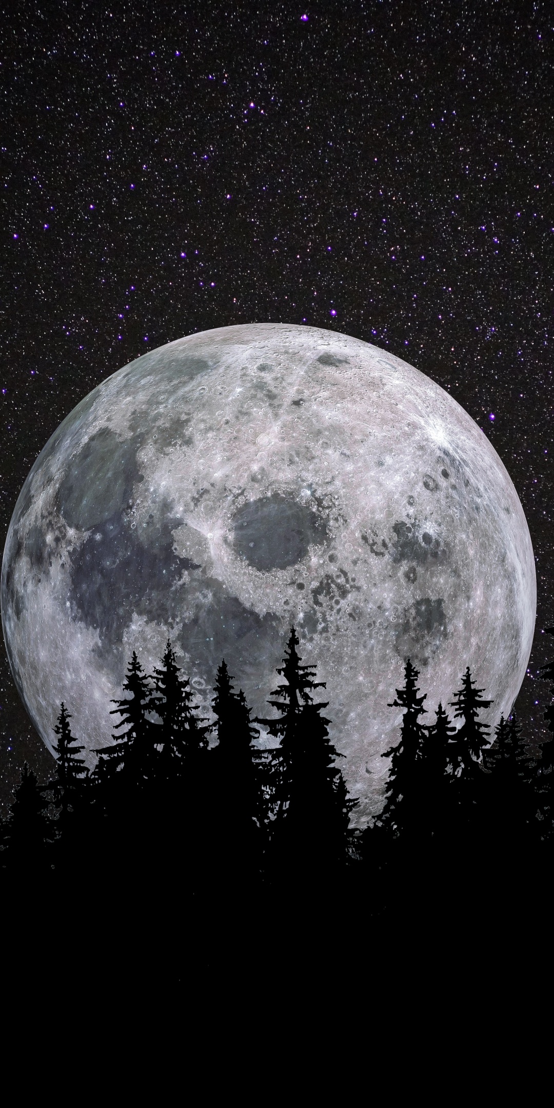 Full moon 4K Wallpaper, Forest, Night, Dark, Starry sky, 5K, 8K, Nature
