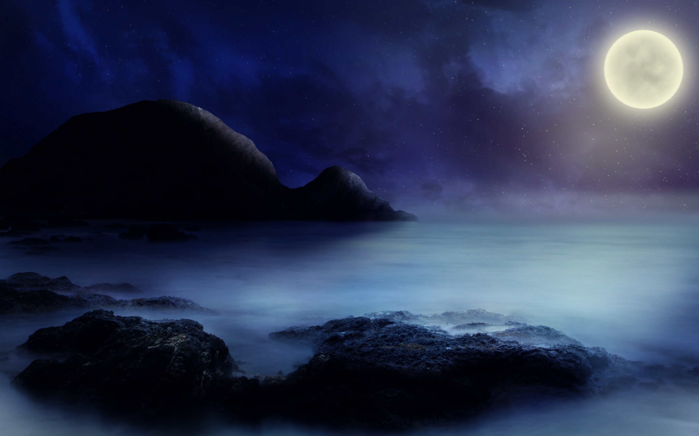 Full moon 4K Wallpaper, Starry sky, Sea, Rocks, Night, Dark background