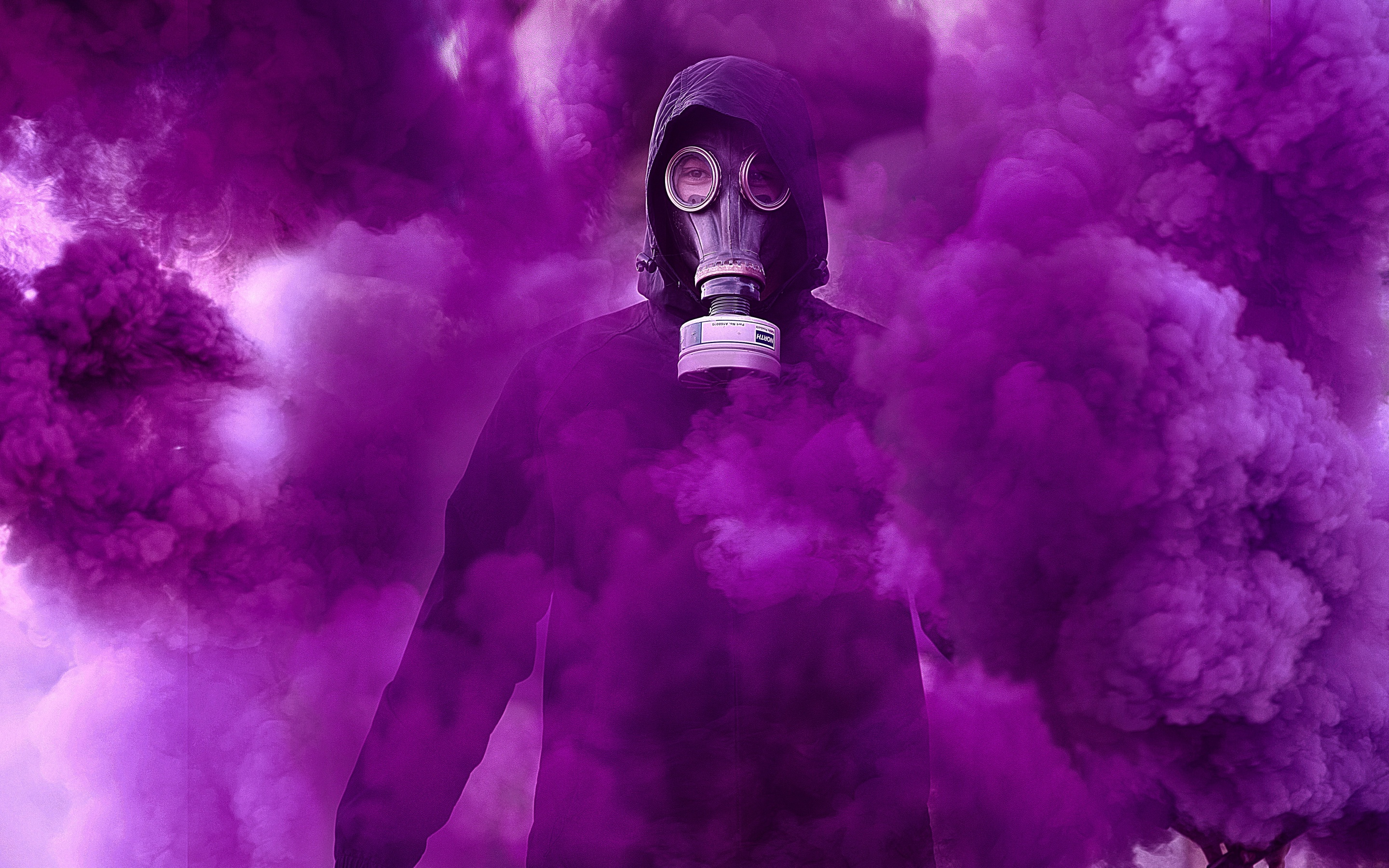 Gas mask Wallpaper 4K, Hoodie, Person in Black, Purple Smoke, People, #3324