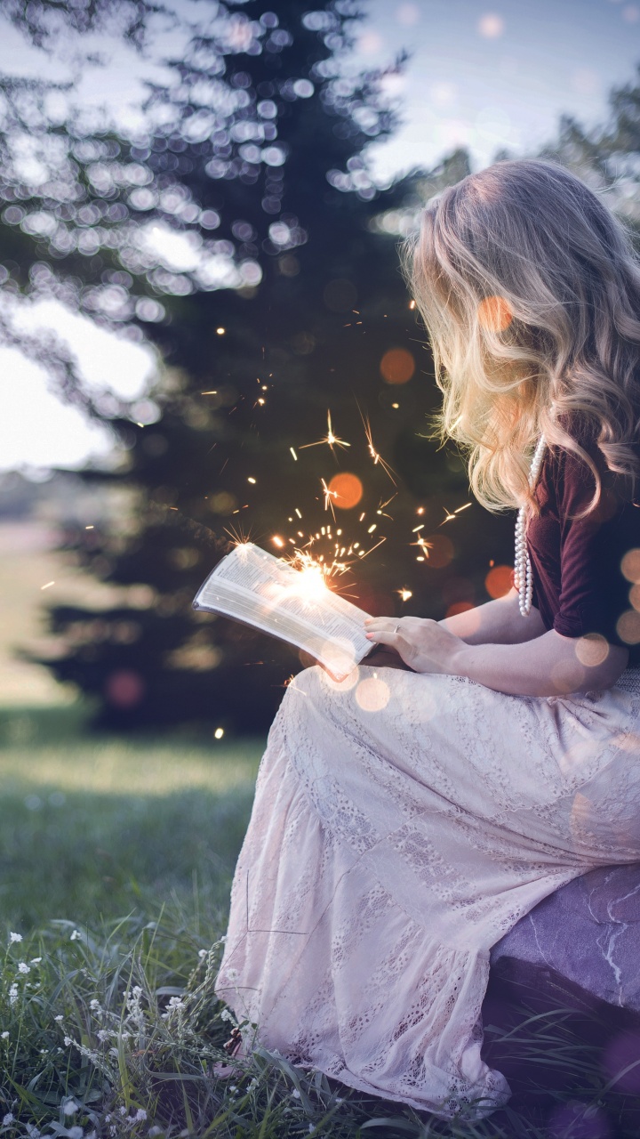 Girl 4K Wallpaper, Magical, Reading book, y, Sparkles, 5K, Photography