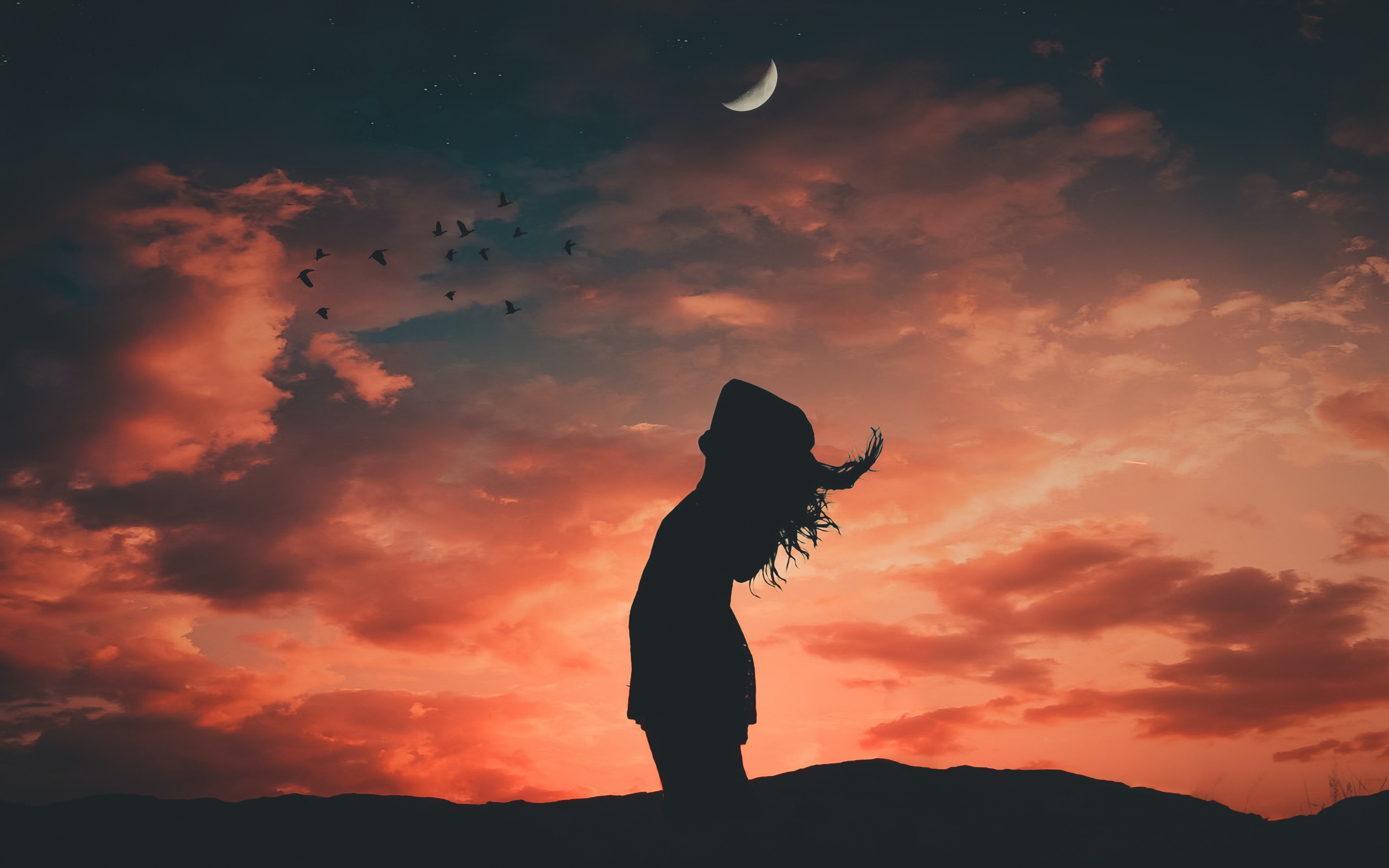 Girl Wallpaper 4K, Silhouette, Evening sky, Crescent Moon, Dusk