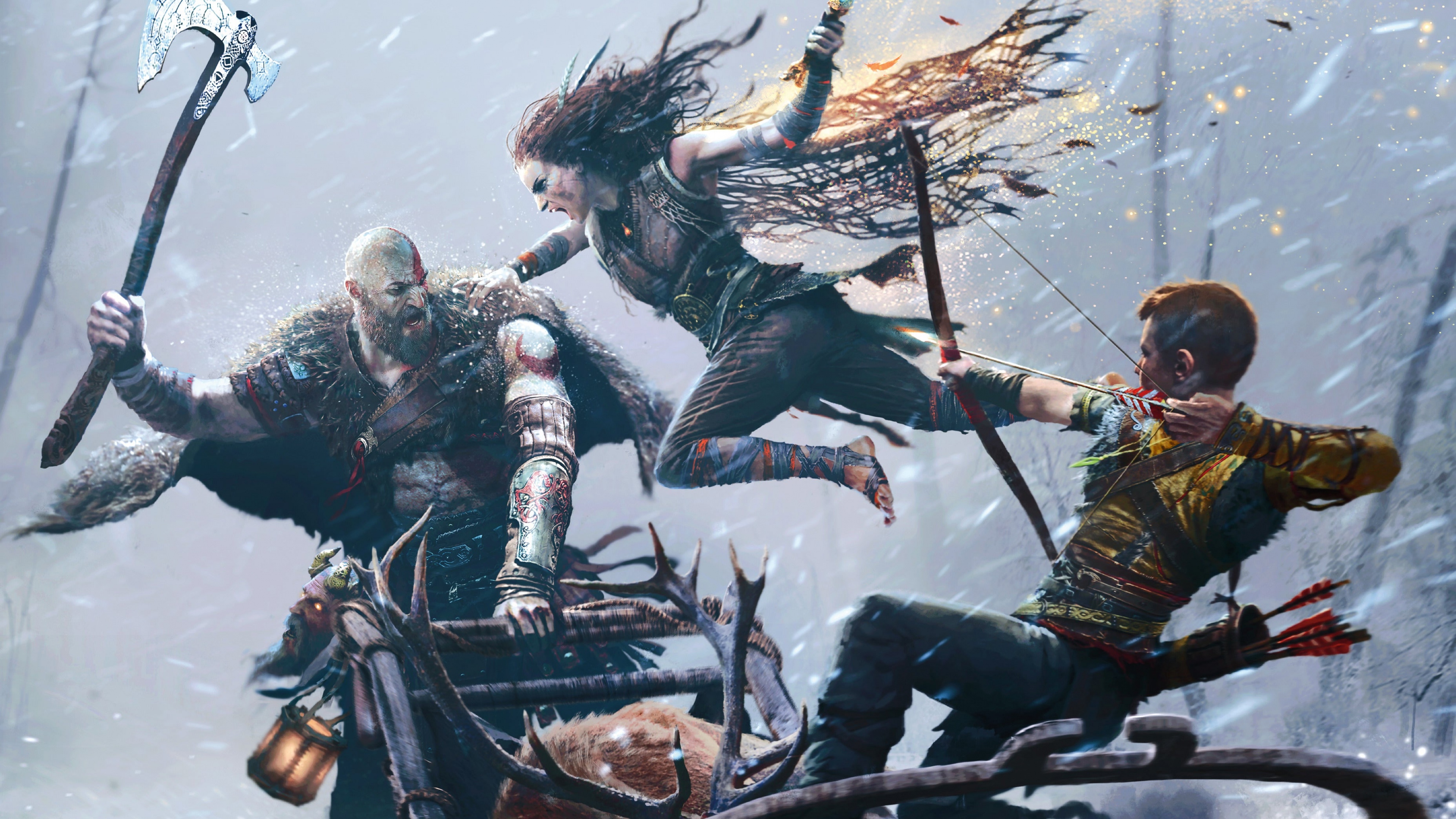 God of War Ragnarök Wallpaper 4K, Kratos, Freya, Atreus, Games, #8635