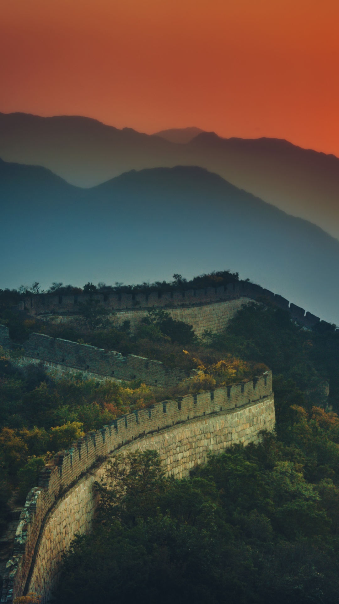 Great Wall of China 4K Wallpaper, Sunset, Orange sky, Mountains