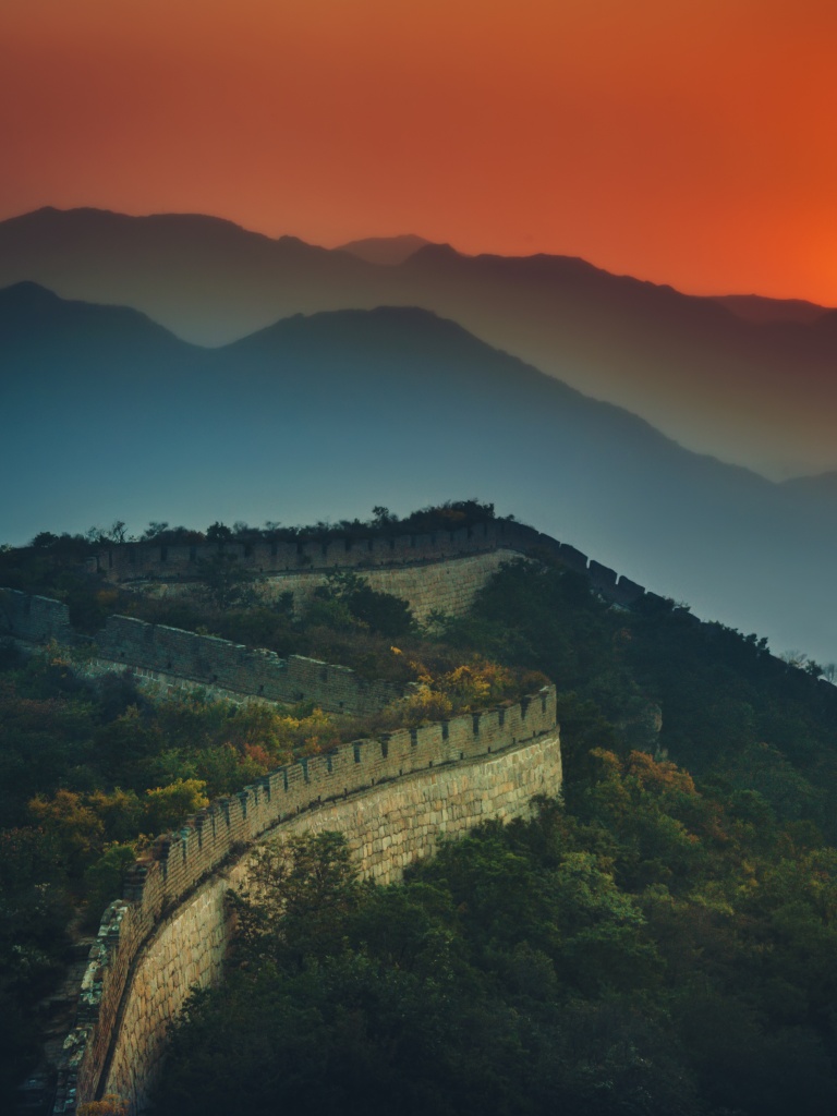 Great Wall of China 4K Wallpaper, Sunset, Orange sky