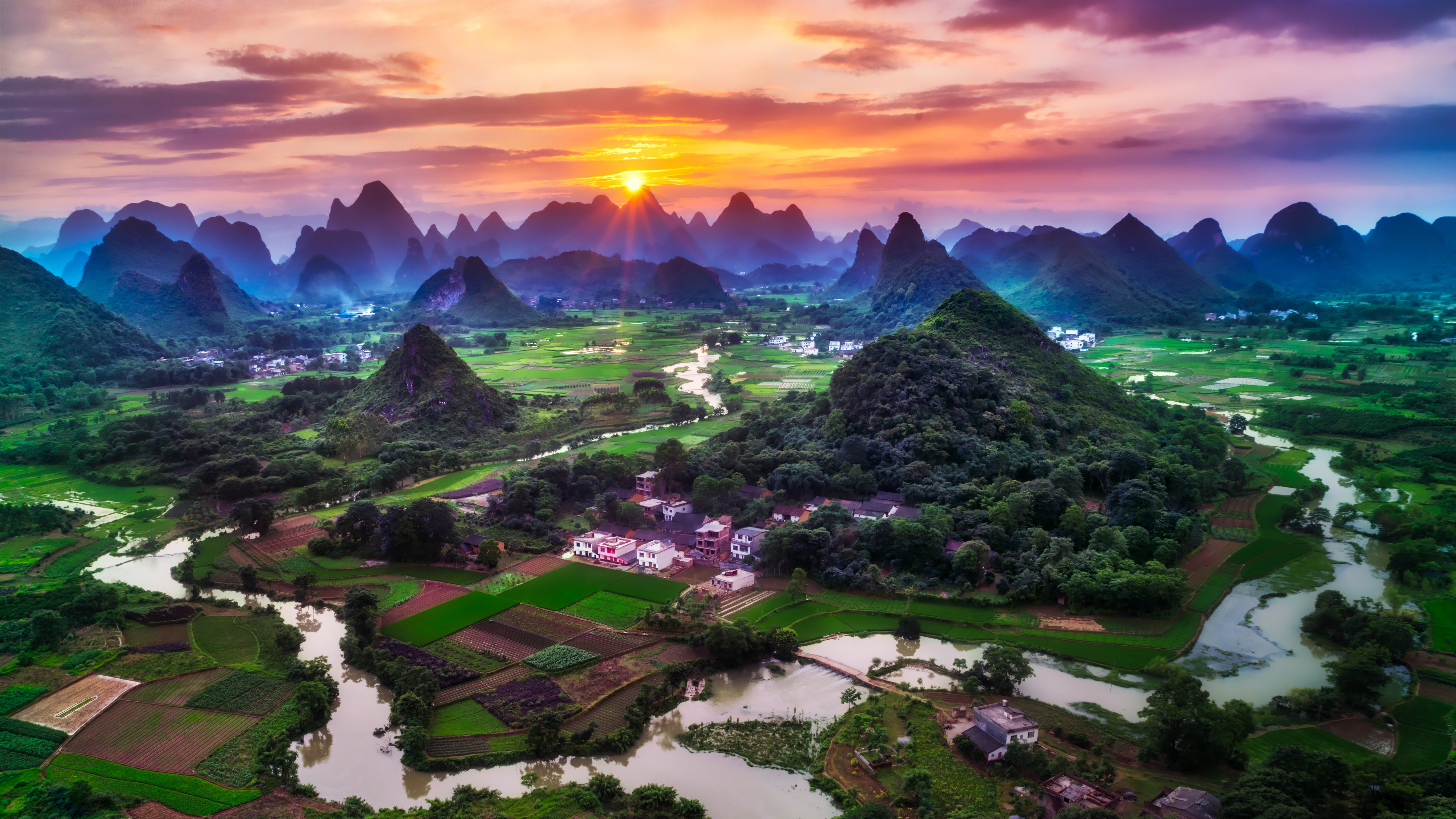 Wallpaper leaves, the sun, clouds, mountains, China, Guilin images for  desktop, section пейзажи - download