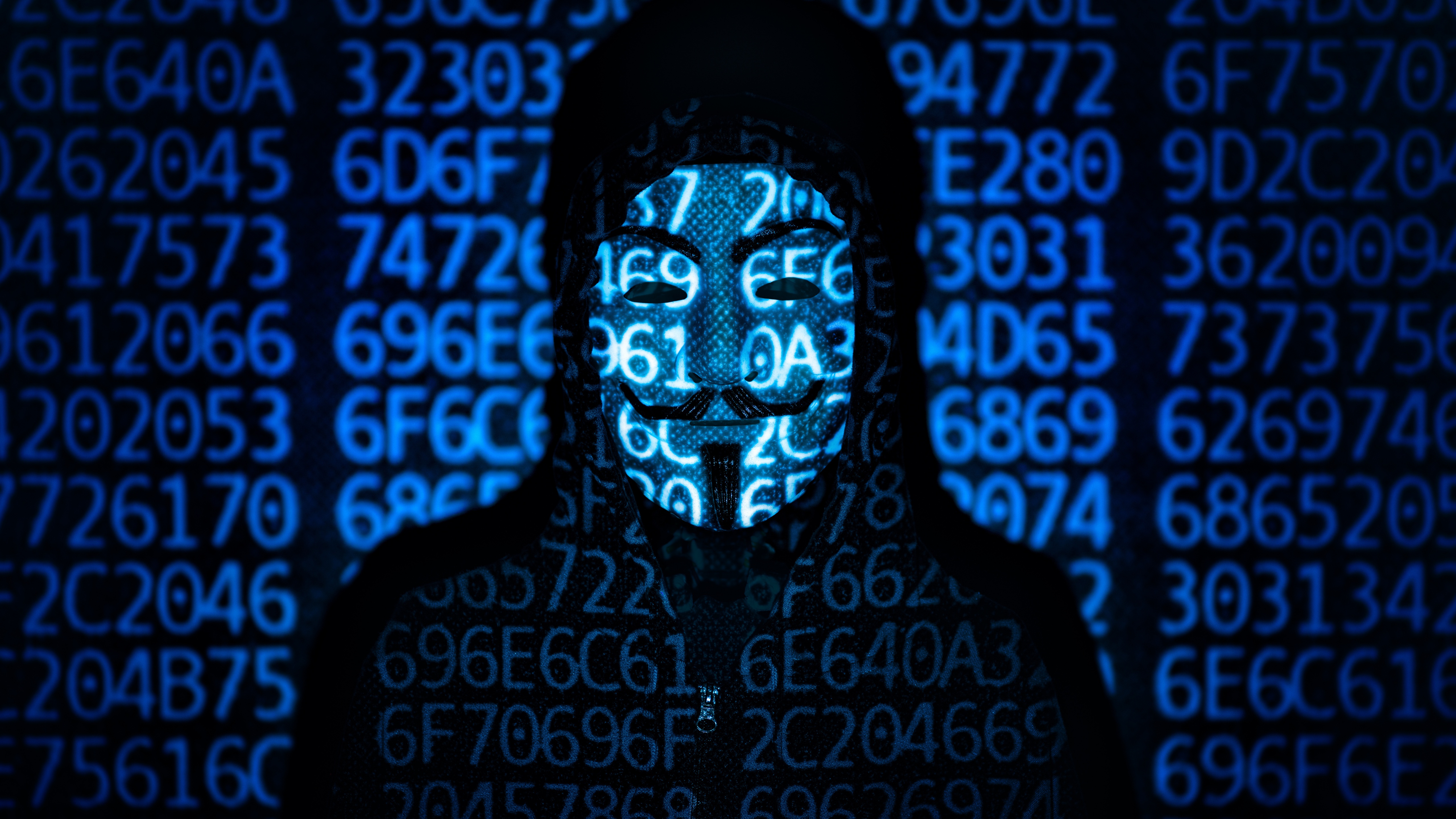 Hacker Wallpaper 4K, Guy Fawkes mask, Code, Black/Dark, #5575