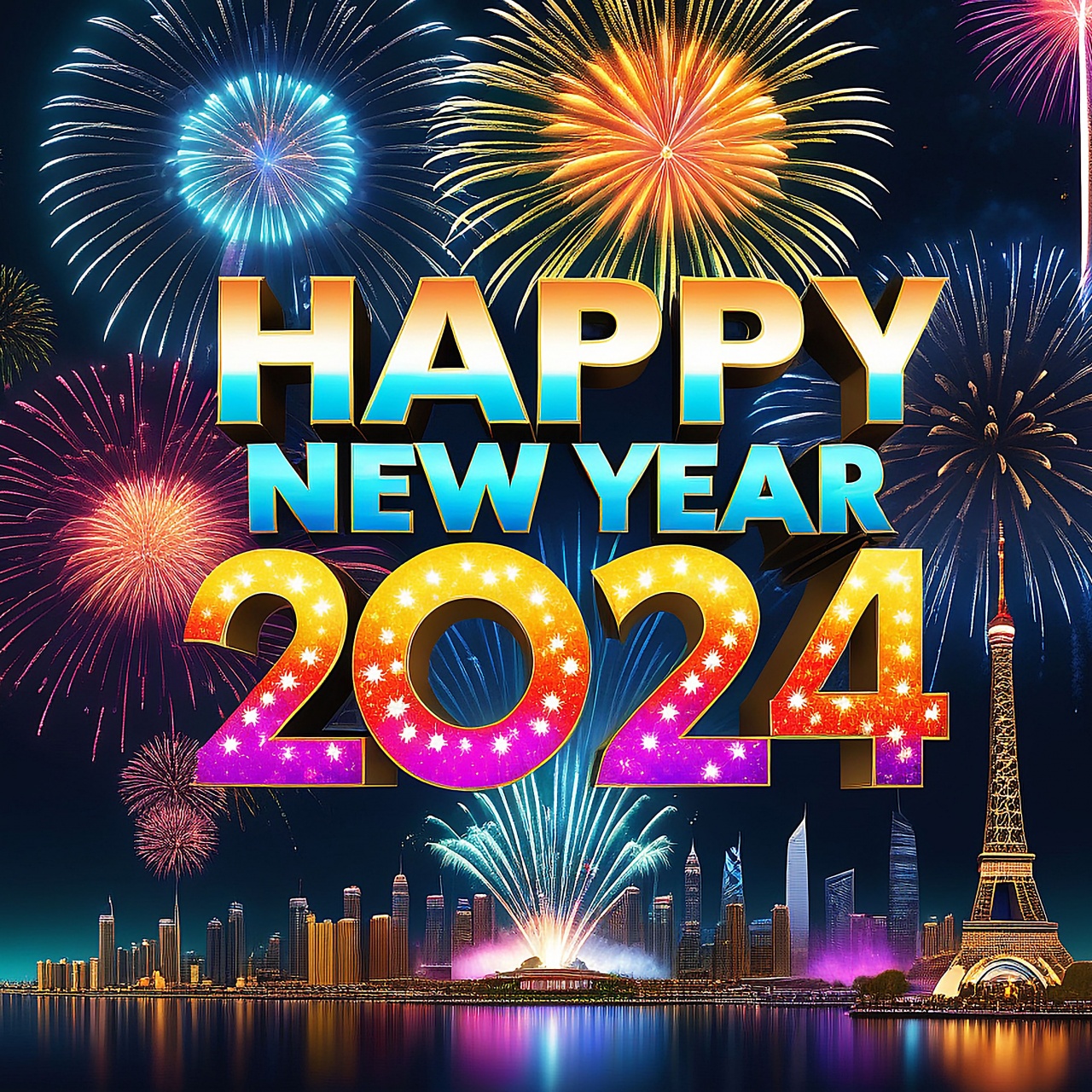 Happy New Year 2024 Wallpaper 4K, Fireworks, AI art, Vibrant, CGI