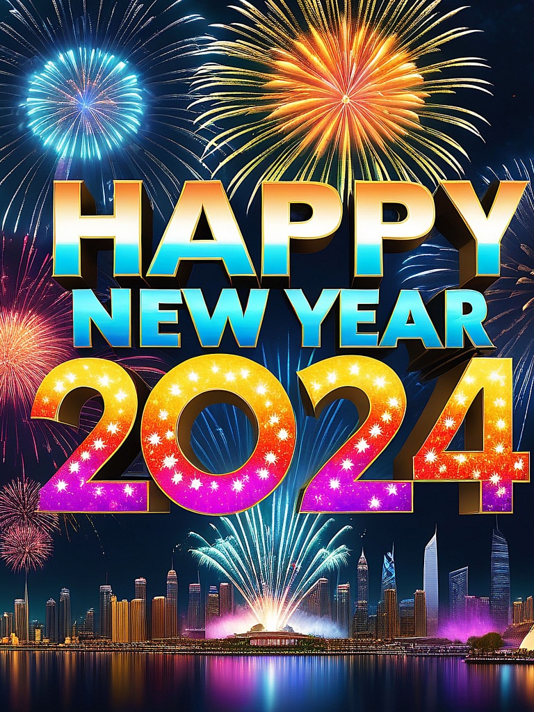 Happy New Year 2024 Wallpaper 4K, Fireworks, AI art, Vibrant, CGI