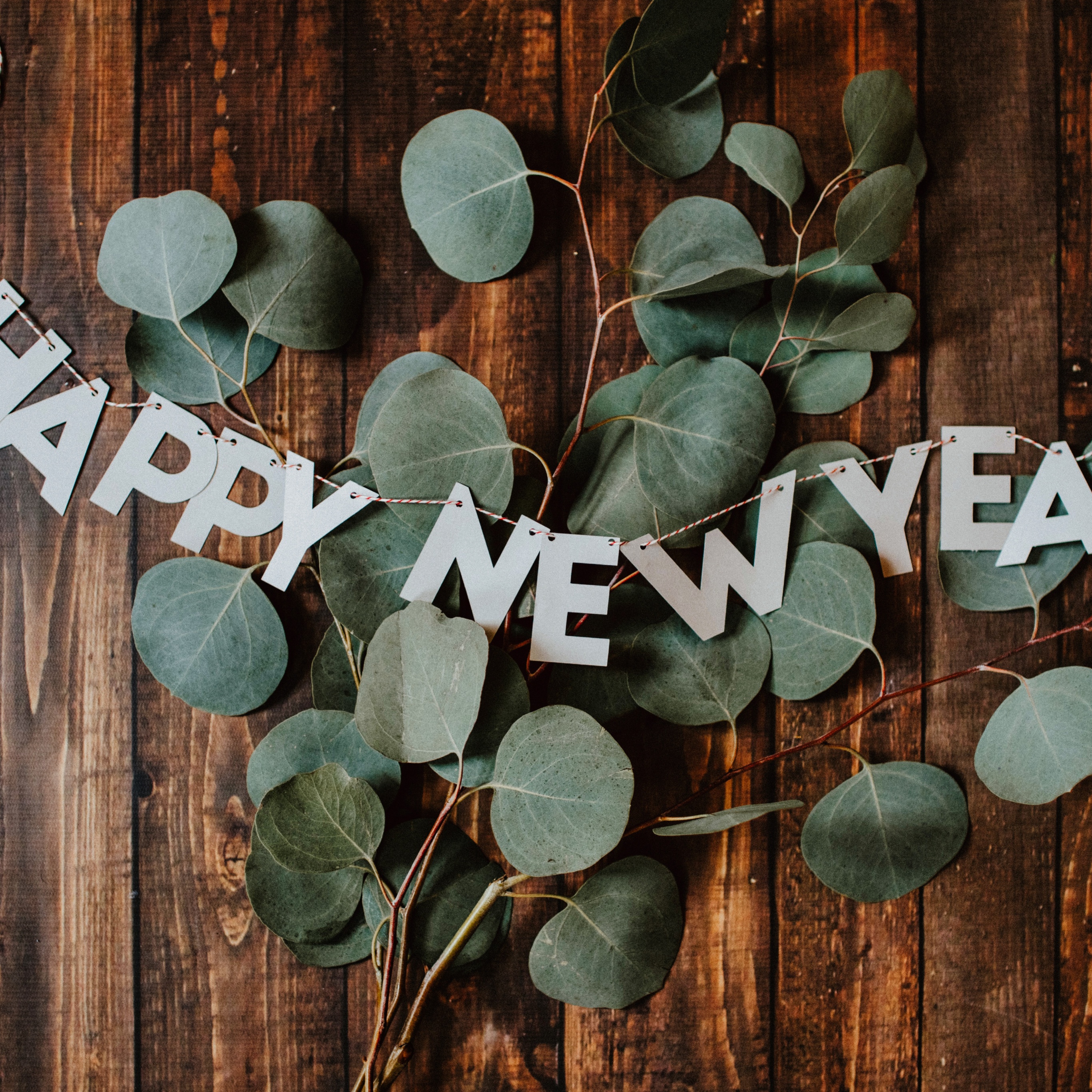 Happy New Year Wallpaper 4K, Banner, Leaves, Wooden background, #6994