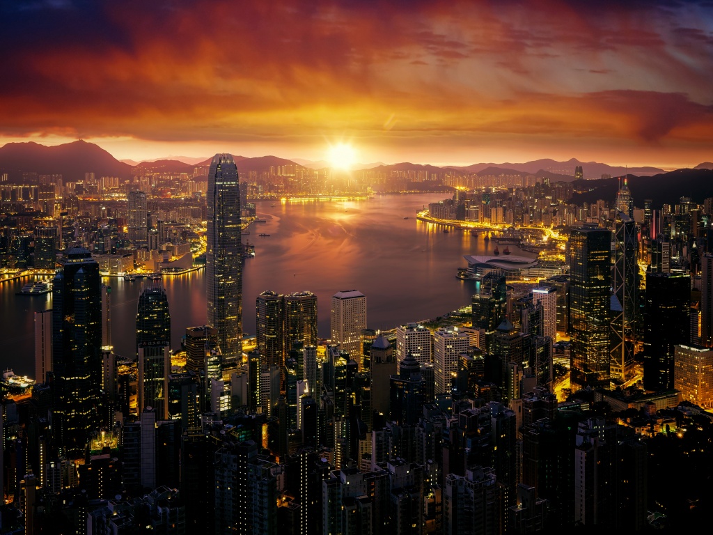 Hong Kong 4K Wallpaper, Cityscape, Sunrise, City lights