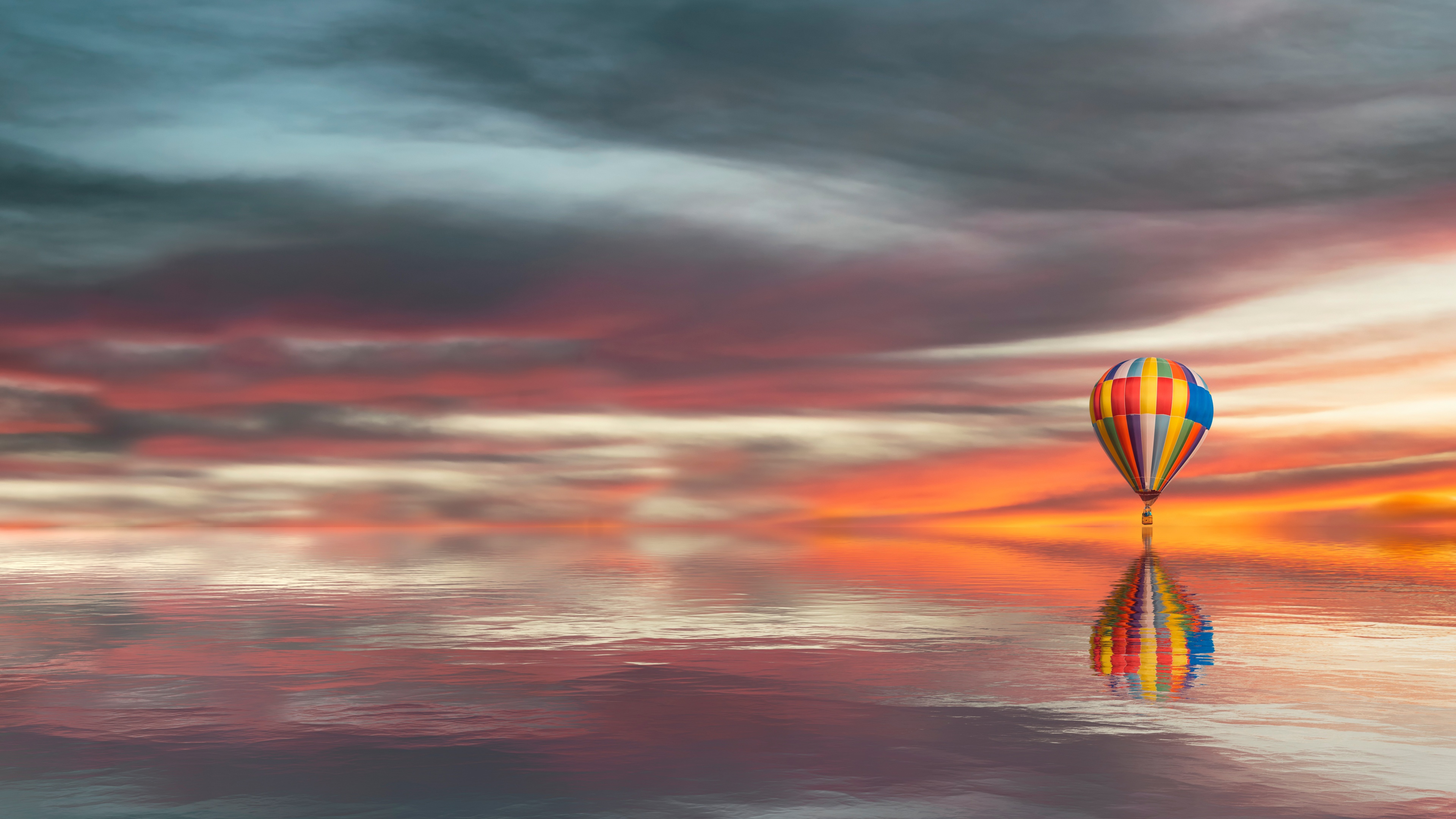 Hot air balloon Wallpaper 4K, Reflection, Cloudy, Sunset, Lake