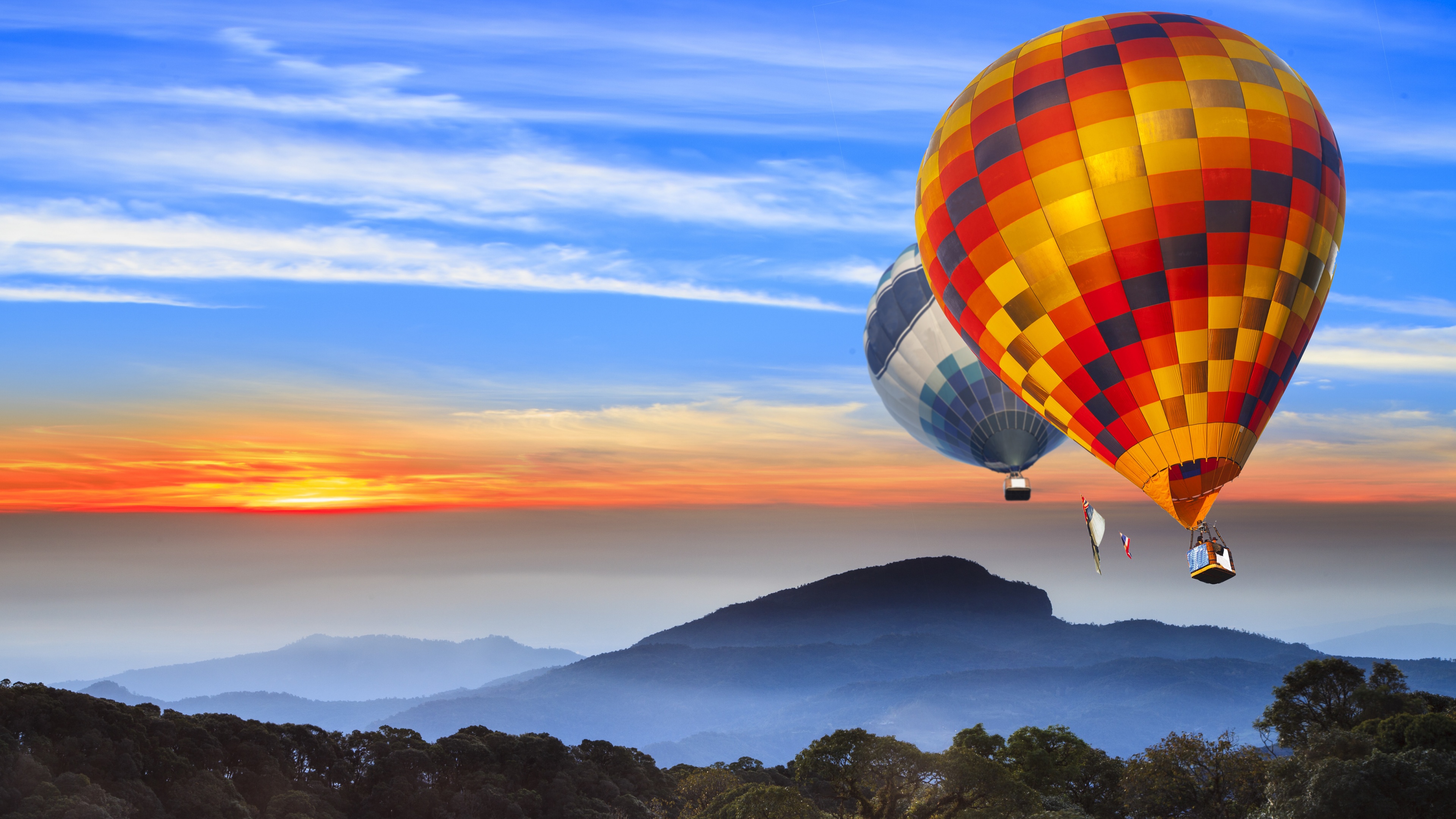 Hot air balloons Wallpaper 4K, Landscape, Hills, Sunrise, Morning