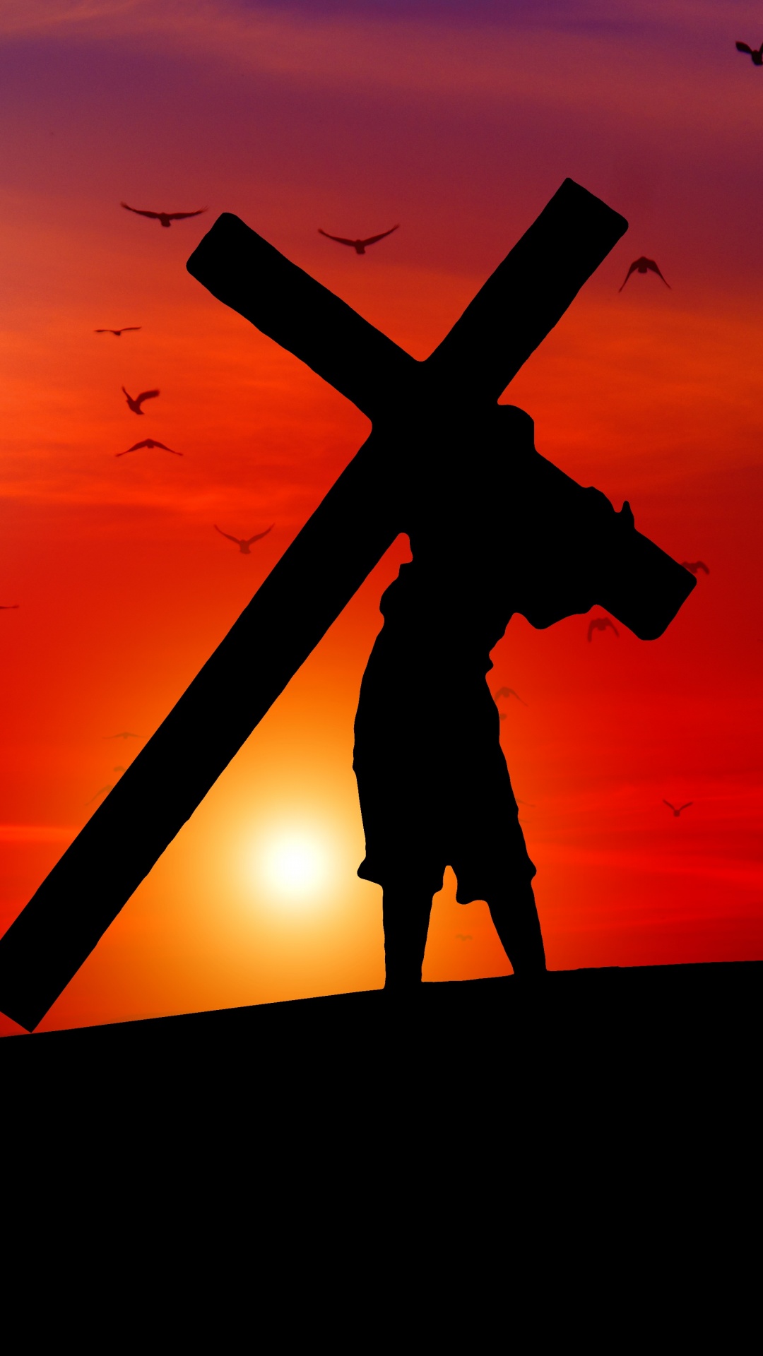 Jesus Cross Wallpaper 4K, Sunset, Orange sky, Silhouette, Religion