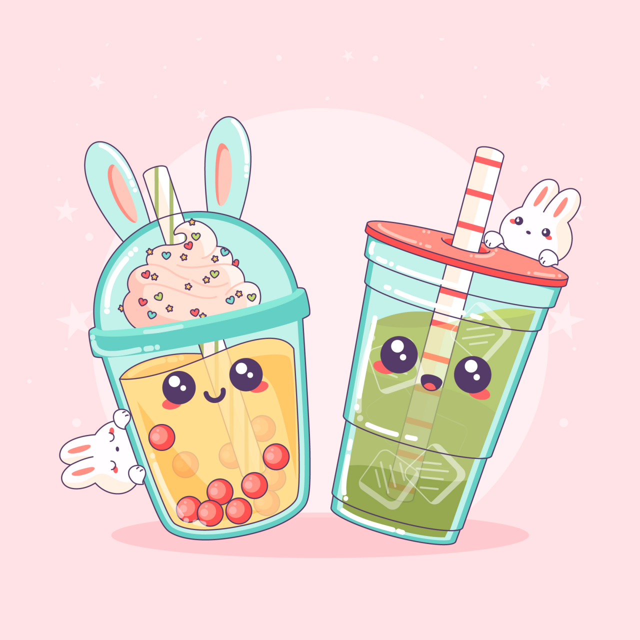 Kawaii Bubble Tea Wallpaper 4K, Kawaii Boba Tea, Cute Tea Cups