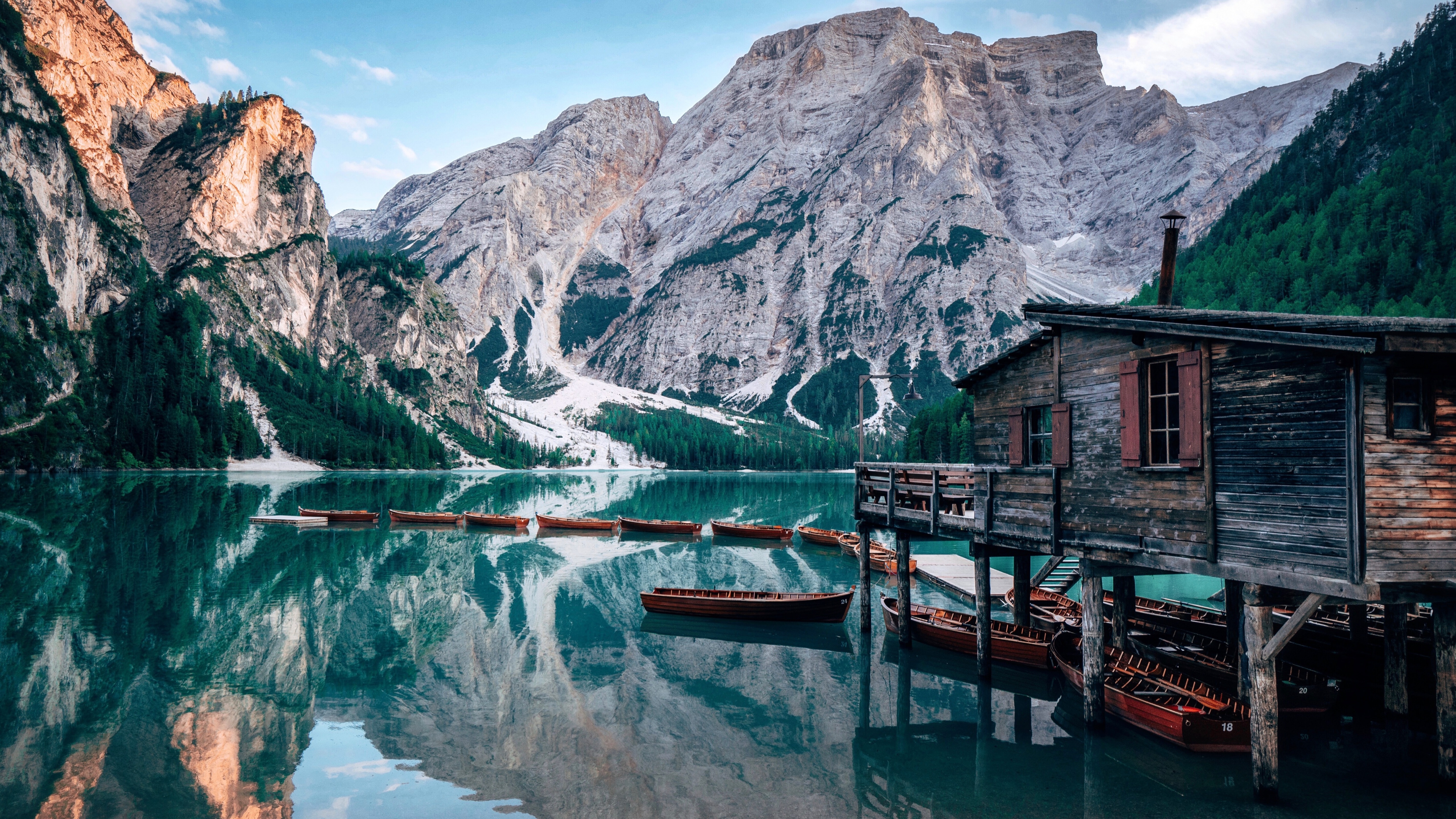 Braies Wallpaper 4K, Italy, Wooden House, Boats, Mountains, Glacier, Nature, #3418