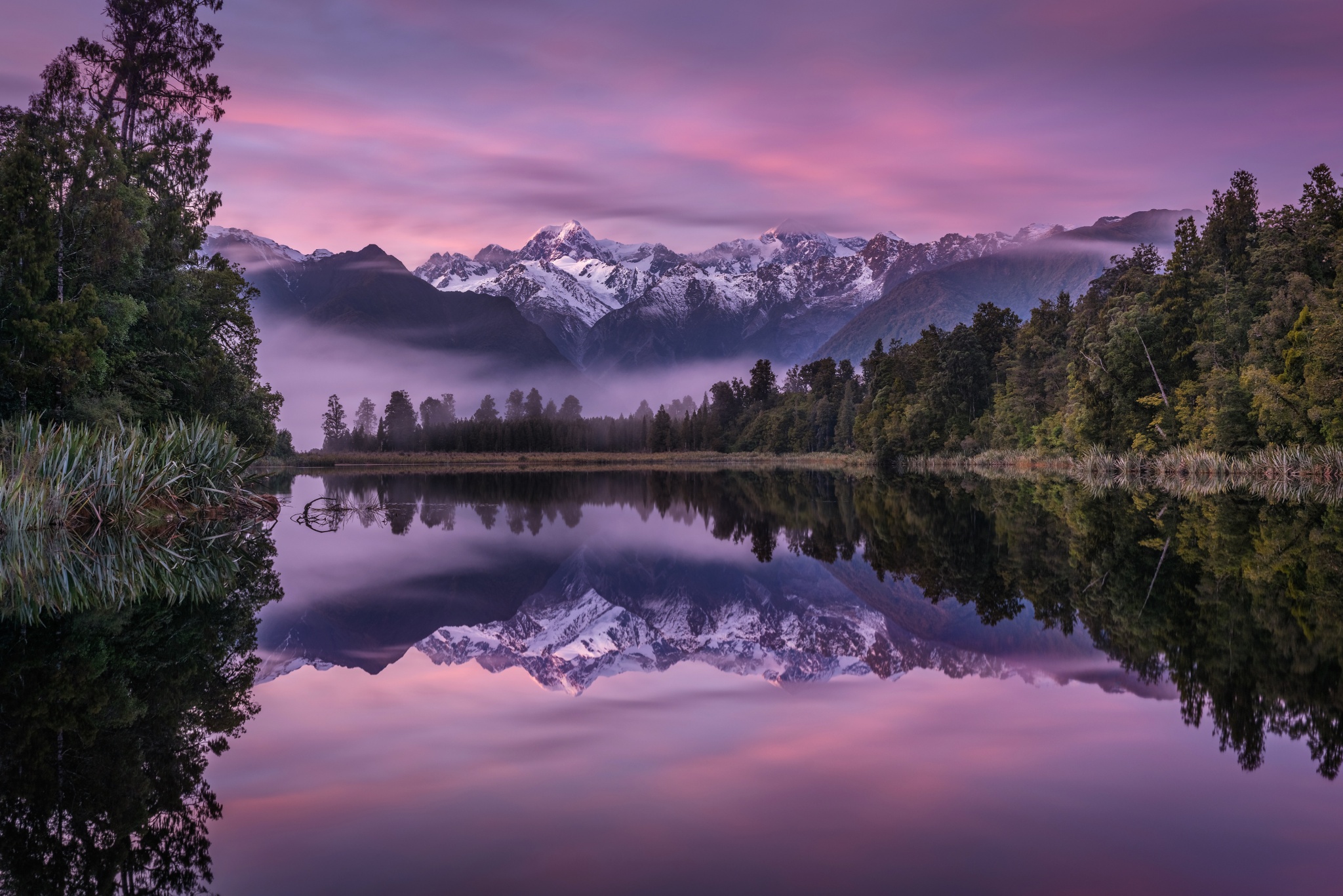 Lake Matheson 4K Wallpaper, New Zealand, Landscape, Mountains, Lake ...