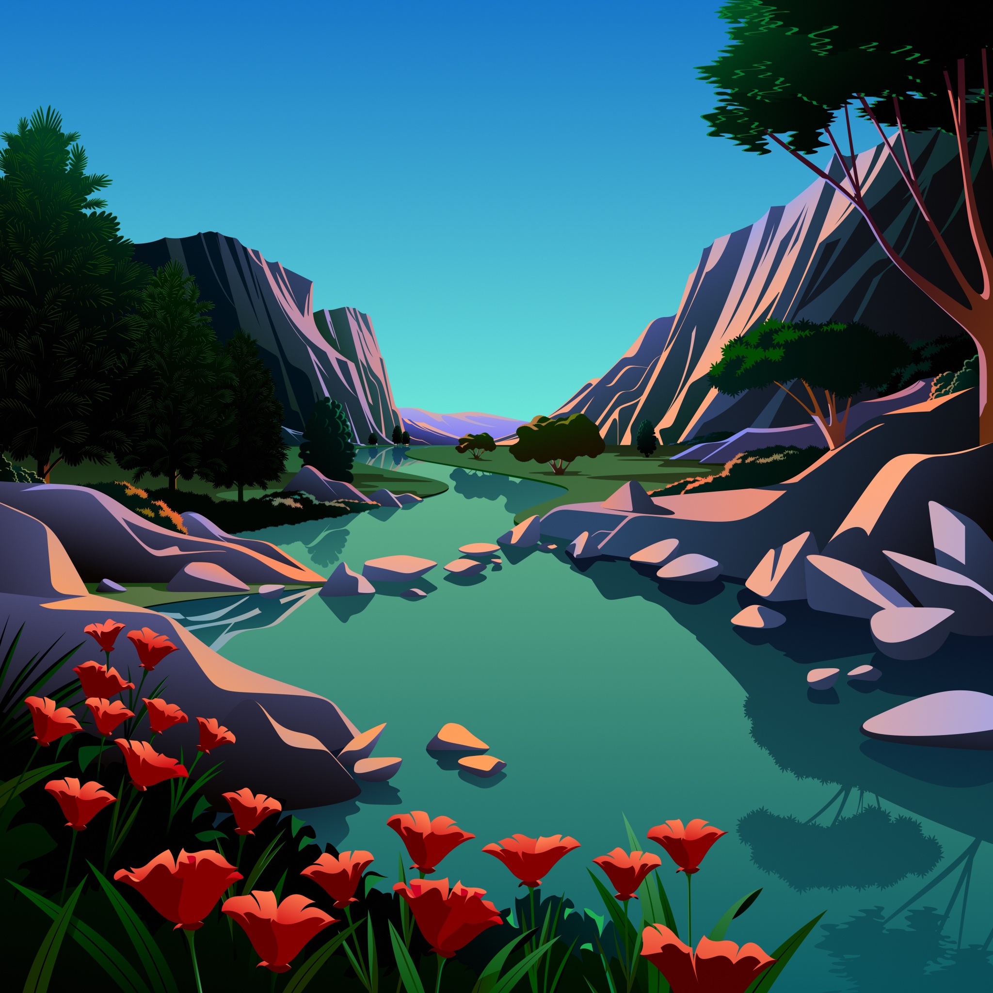 Lake Wallpaper 4K, Mountains, Rocks, Evening, Scenery, Illustration