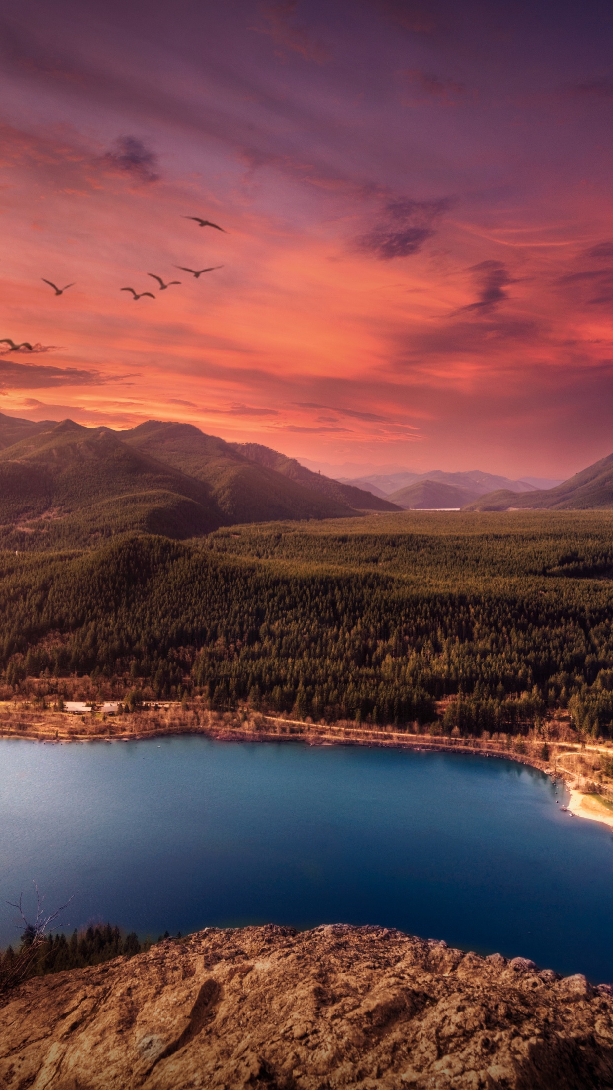 Lake 4K Wallpaper, Sunset, Mountains, Landscape, Birds