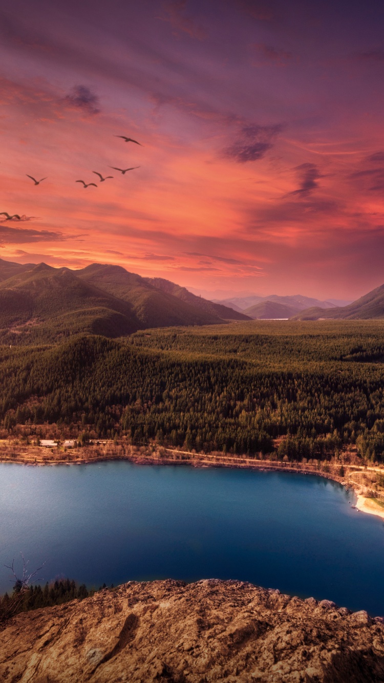Lake Wallpaper 4K, Sunset, Mountains, Lands   cape, Birds