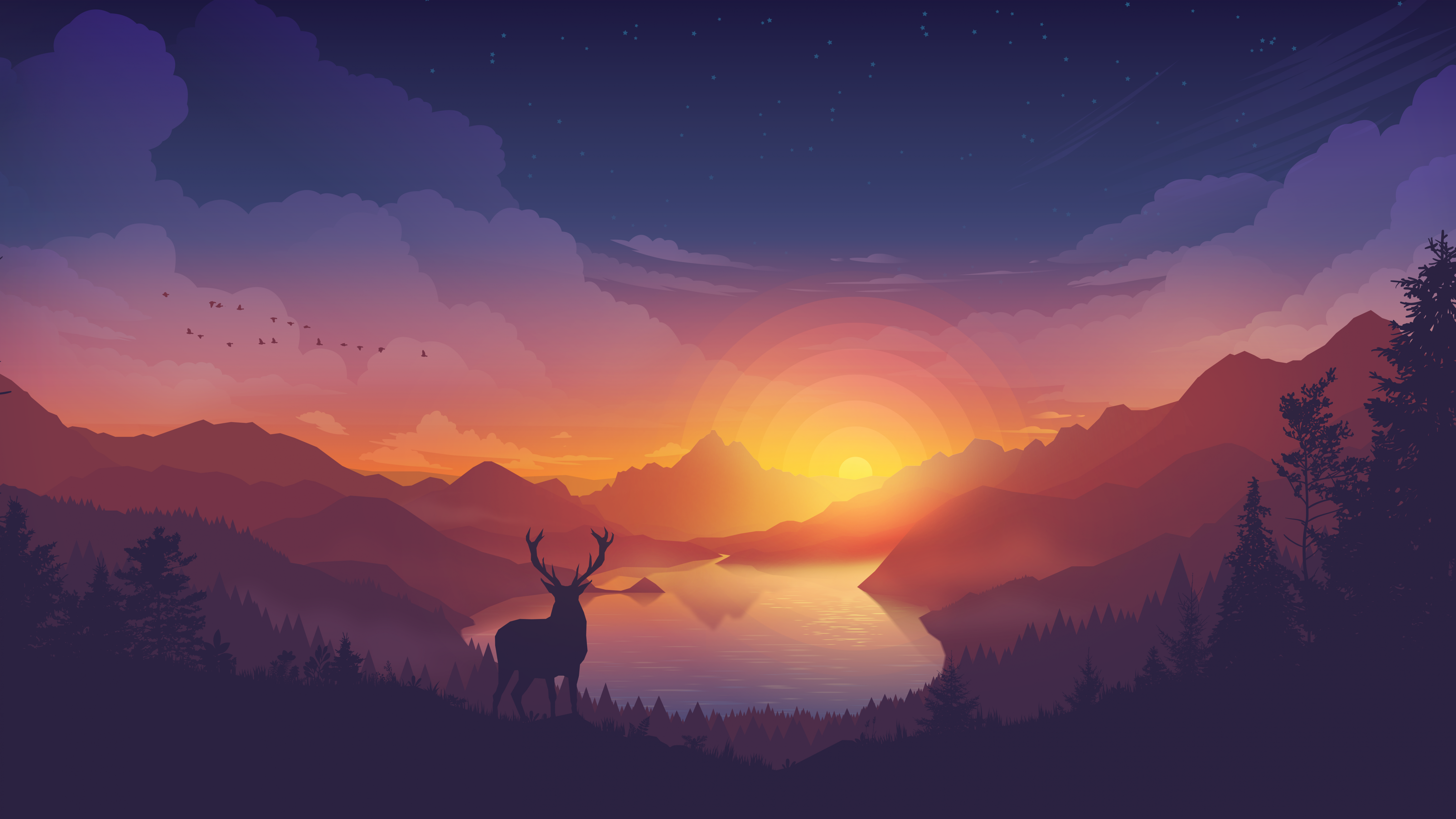 Lakeside Wallpaper 4K, Evening, Deer, Nature, #4585