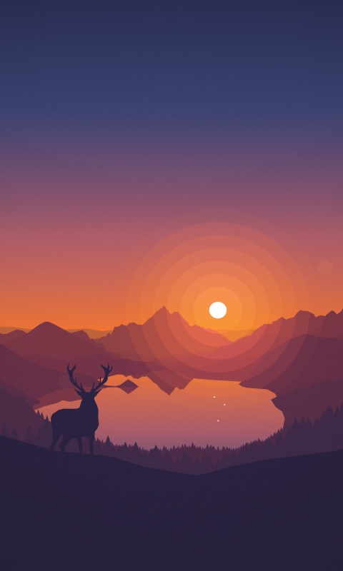 Lakeside Wallpaper 4K, Sunset, Deer, Minimal art