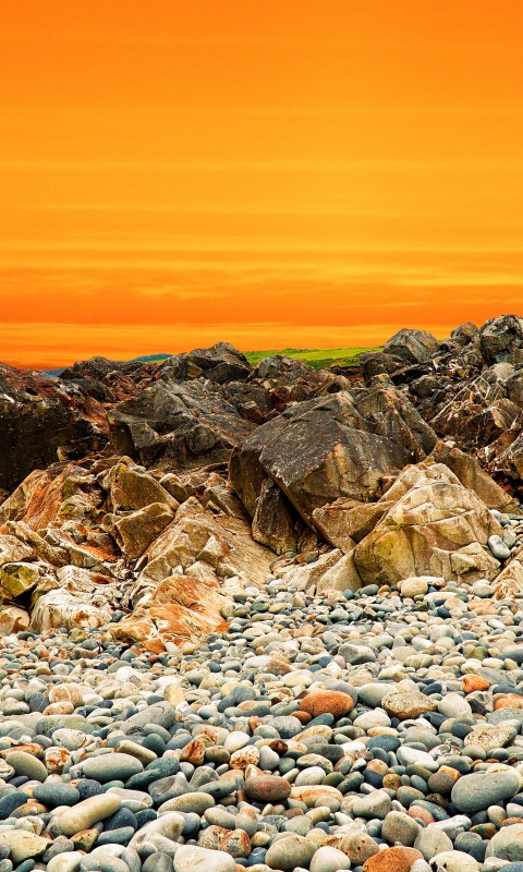 Landscape Wallpaper 4K, Orange sky, Rocks, Pebbles