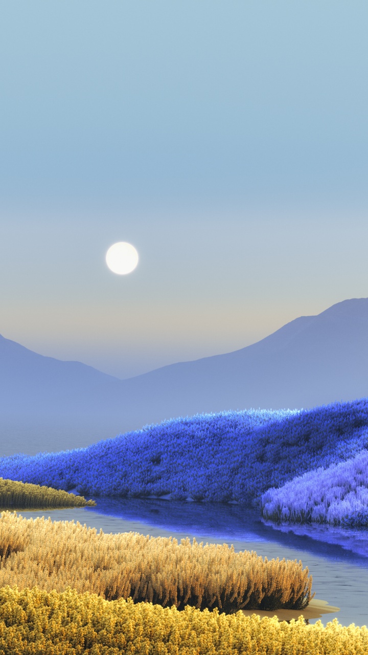 Landscape Wallpaper 4K, Surreal, Windows 11, Moon, Lake