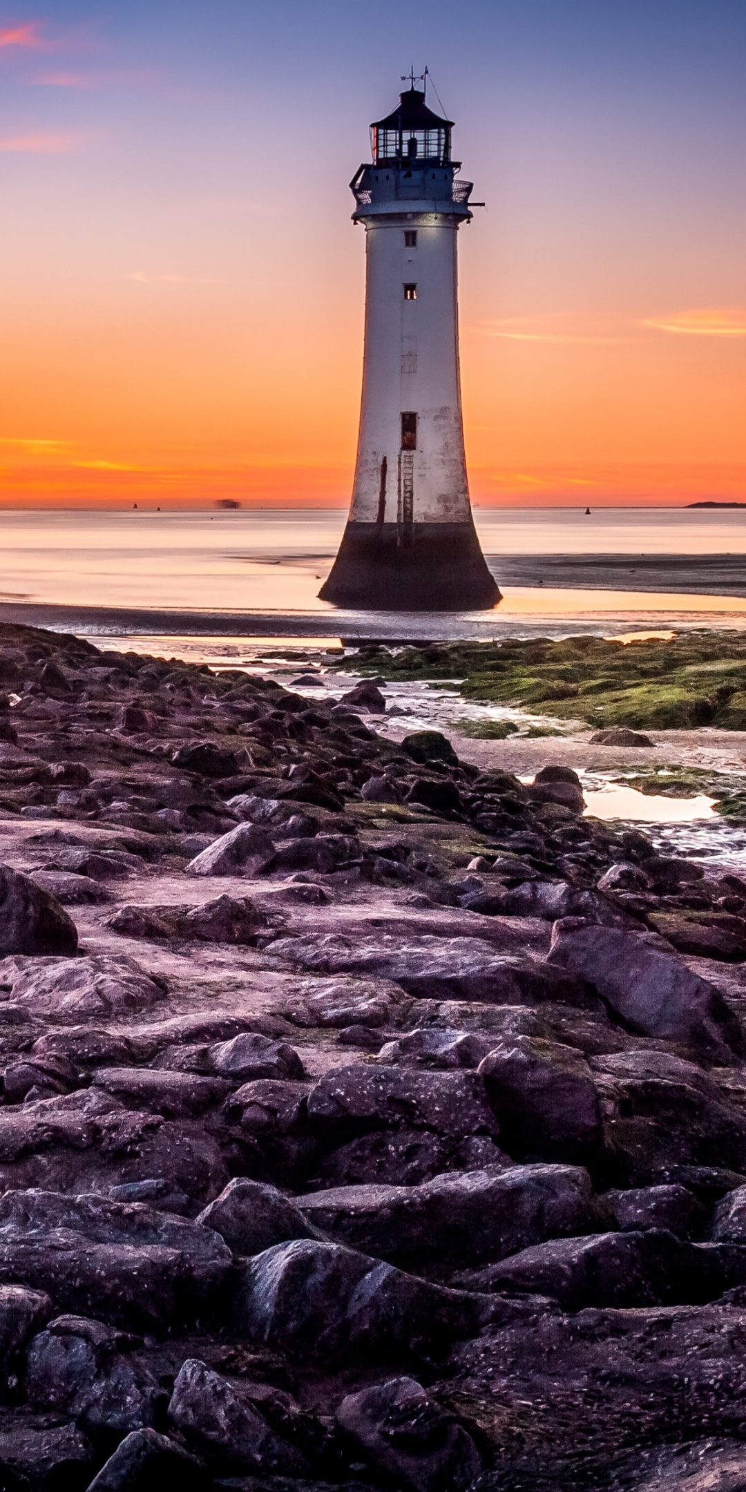 Lighthouse Wallpaper 4K, Beach, Rocky coast, Sunset, Blue