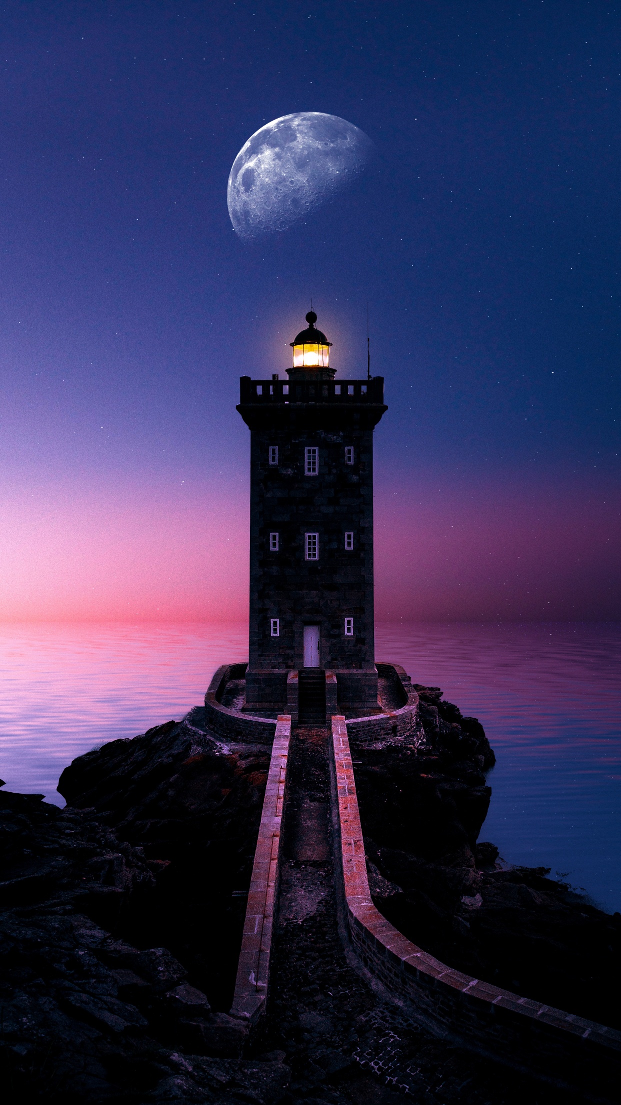 Lighthouse Wallpaper 4K, Moon, Sunset, Evening