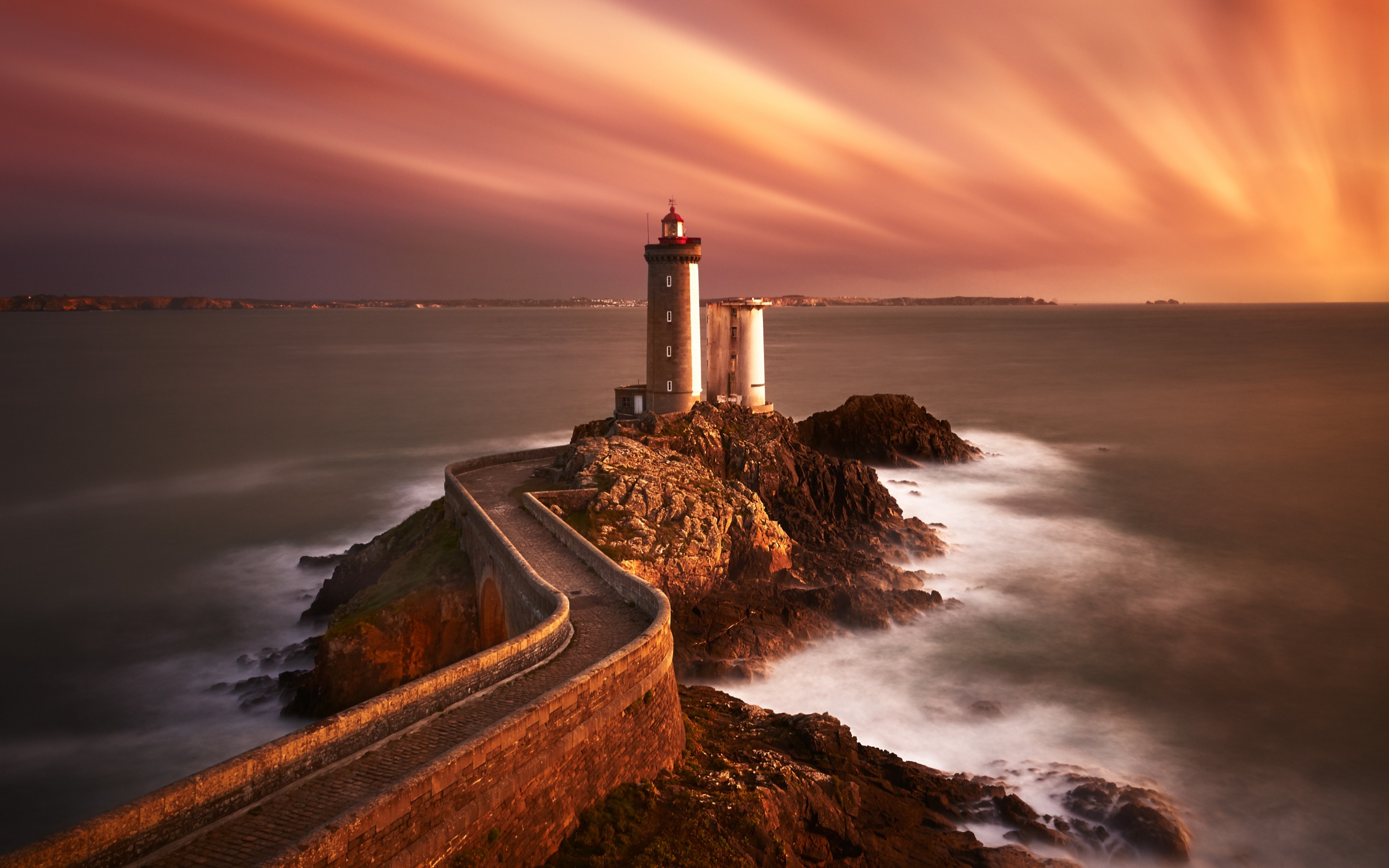 Lighthouse 4K Wallpaper, Sunset, Seascape, Twilight, Dusk