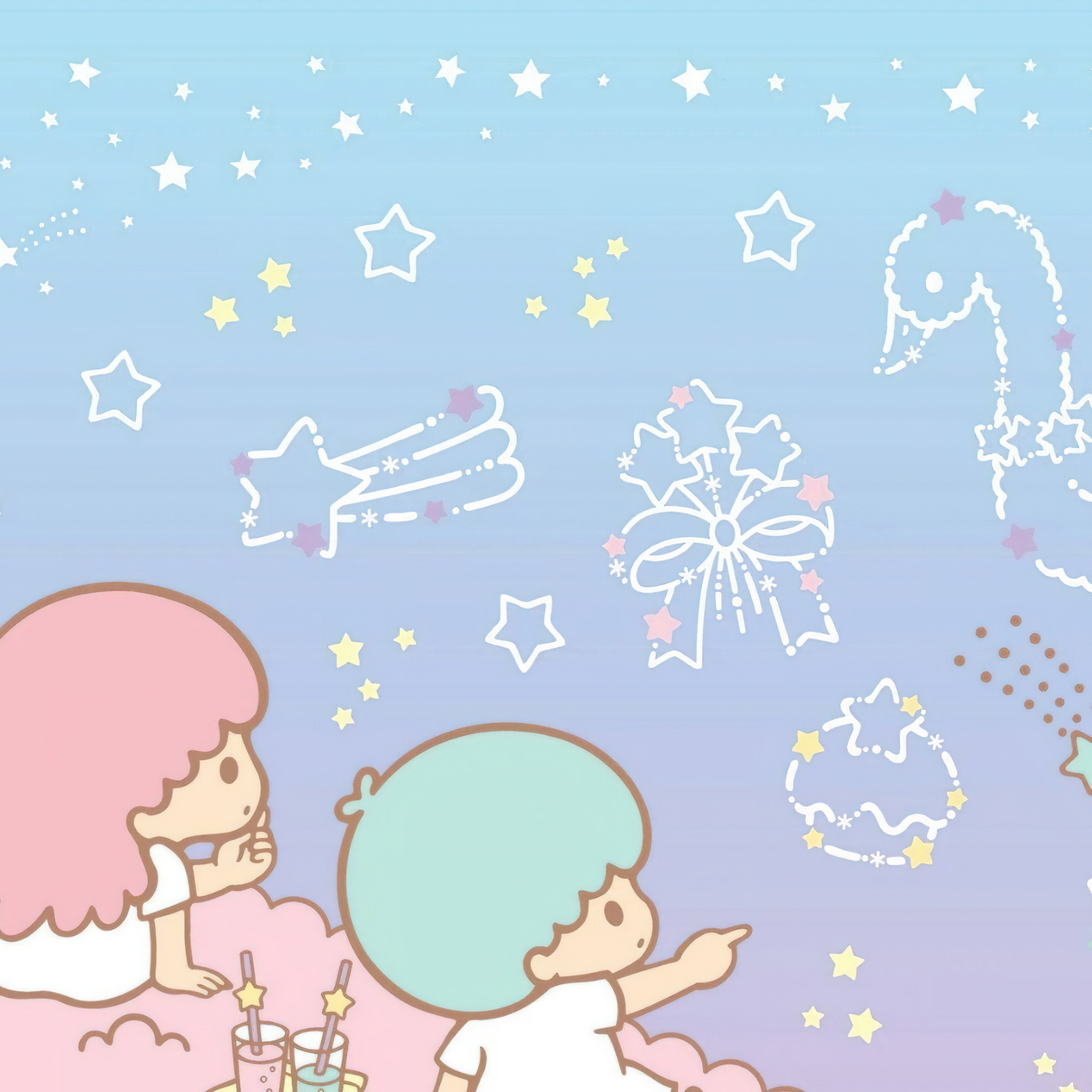 Little Twin Stars Wallpaper 4K, Night sky, Kiki and Lala, Pastel