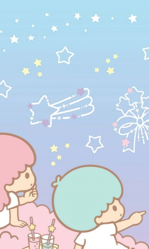 Little Twin Stars Wallpaper 4K, Night sky, Kiki and Lala, Pastel