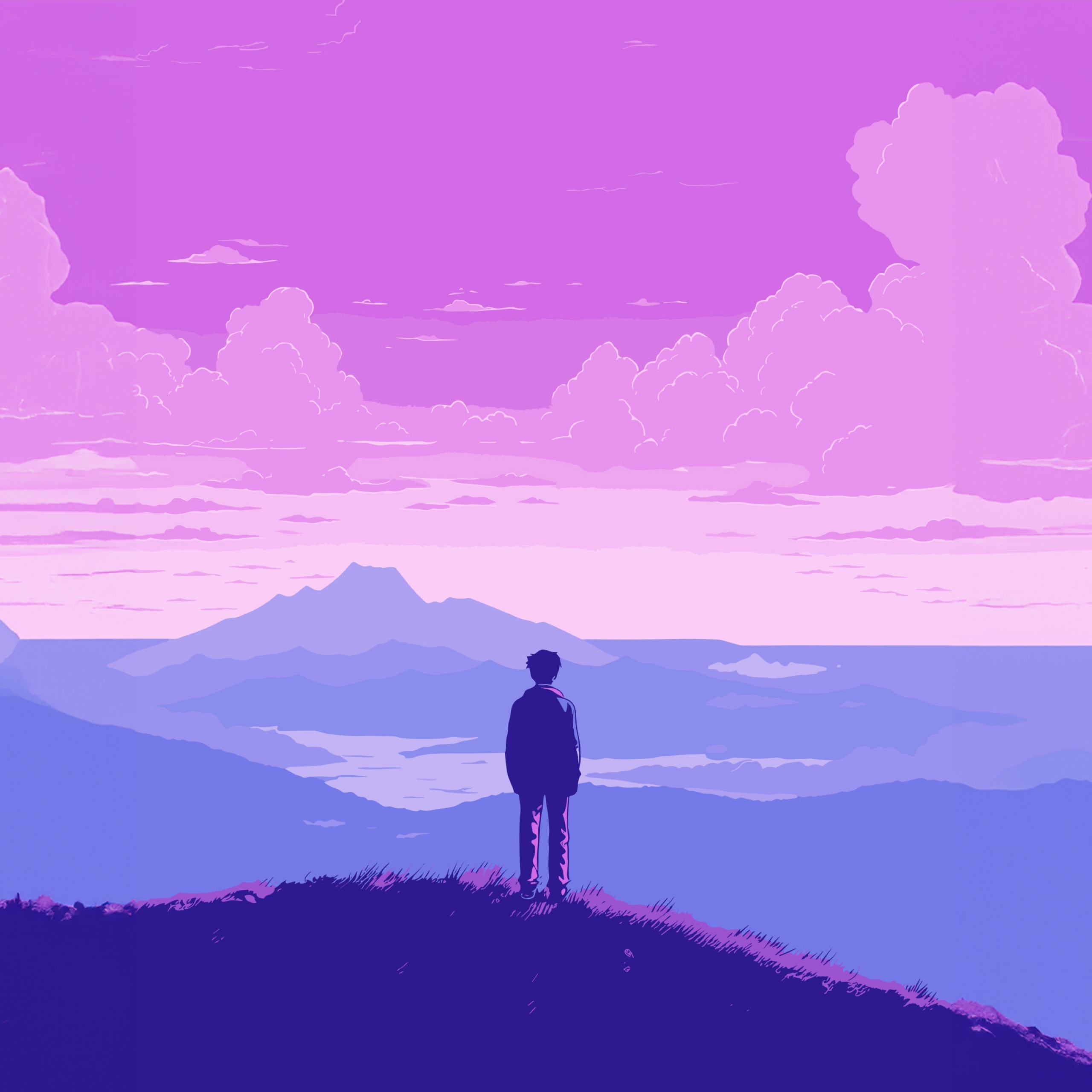 Lofi boy Wallpaper 4K, Landscape, Pixel art, Purple sky