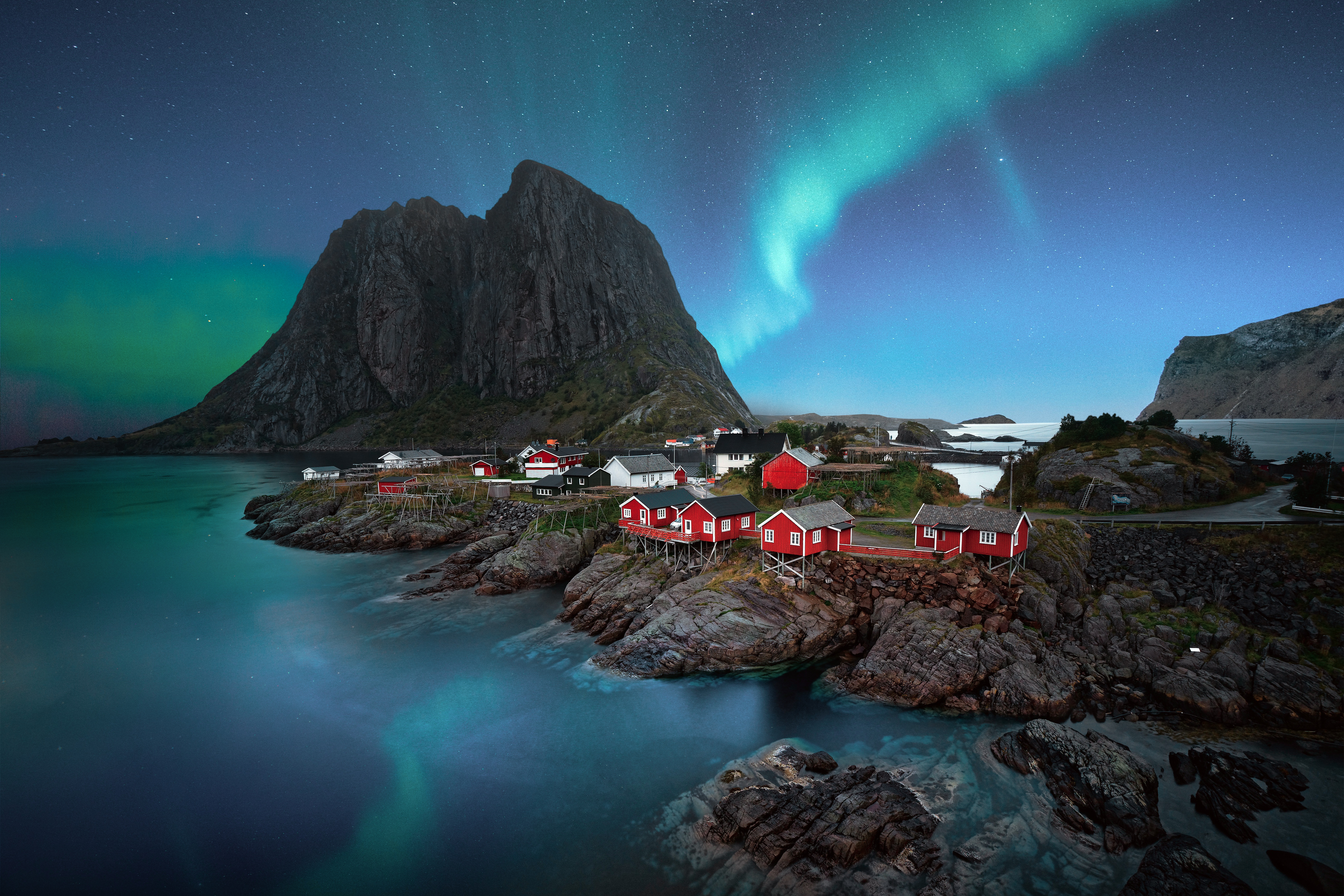 Lofoten islands Wallpaper 4K, Aurora Borealis, Landscape, Night, Stars