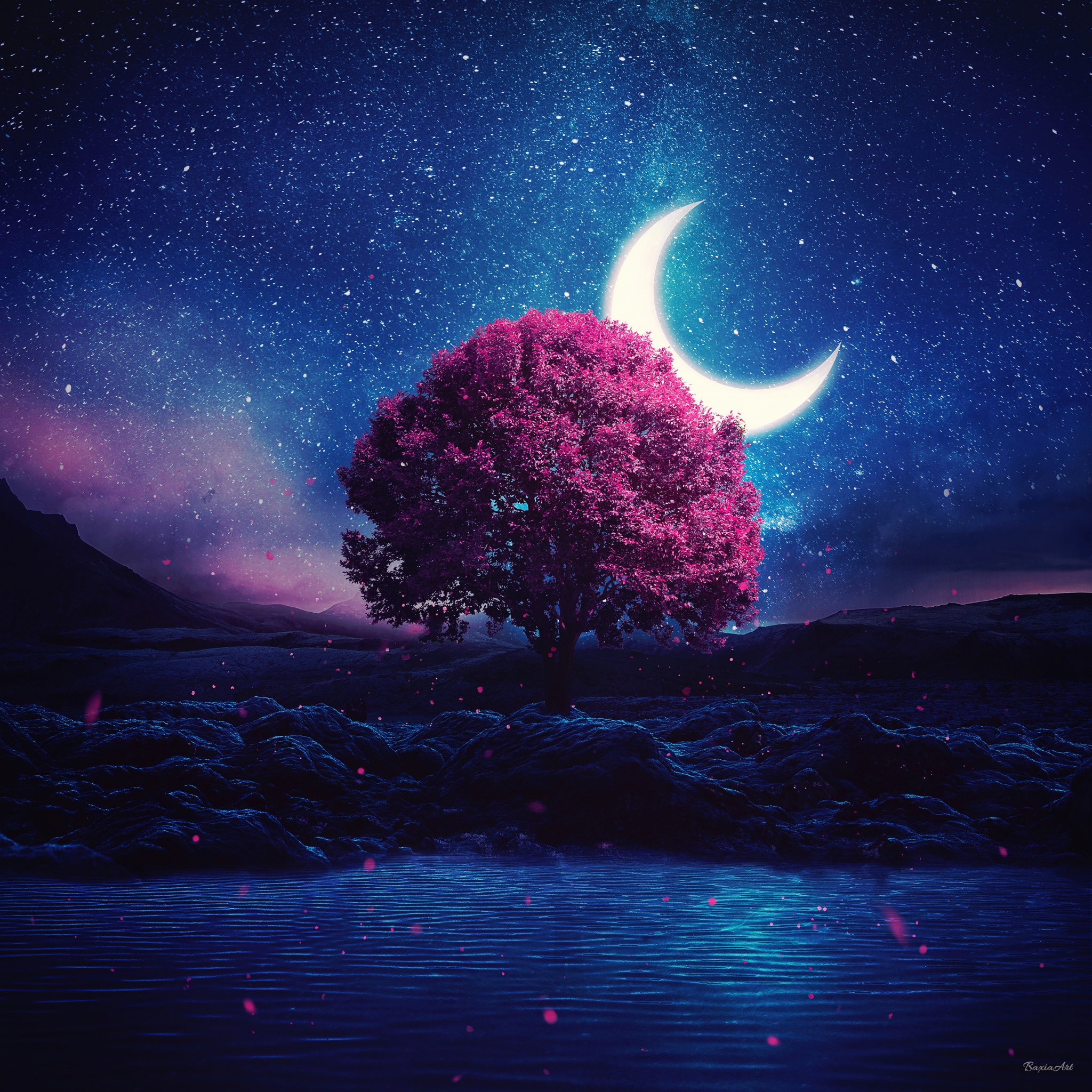 Fantasy-night-full-moon-tree-in-middle-of- Moon Light And Stars Night  Background With Trees Nature Art Images Night Background, Nature Art,  Background Images 