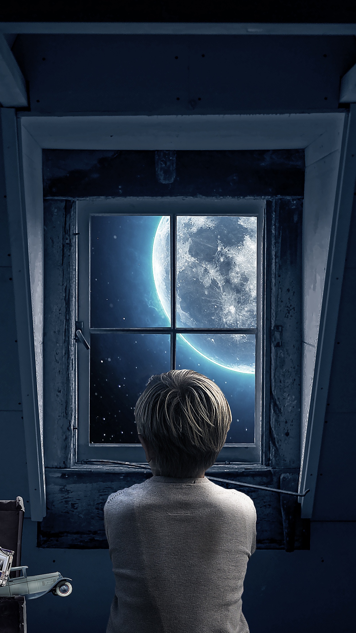 Look through the Window Wallpaper 4K, Full moon, Attic, Roof, Boy
