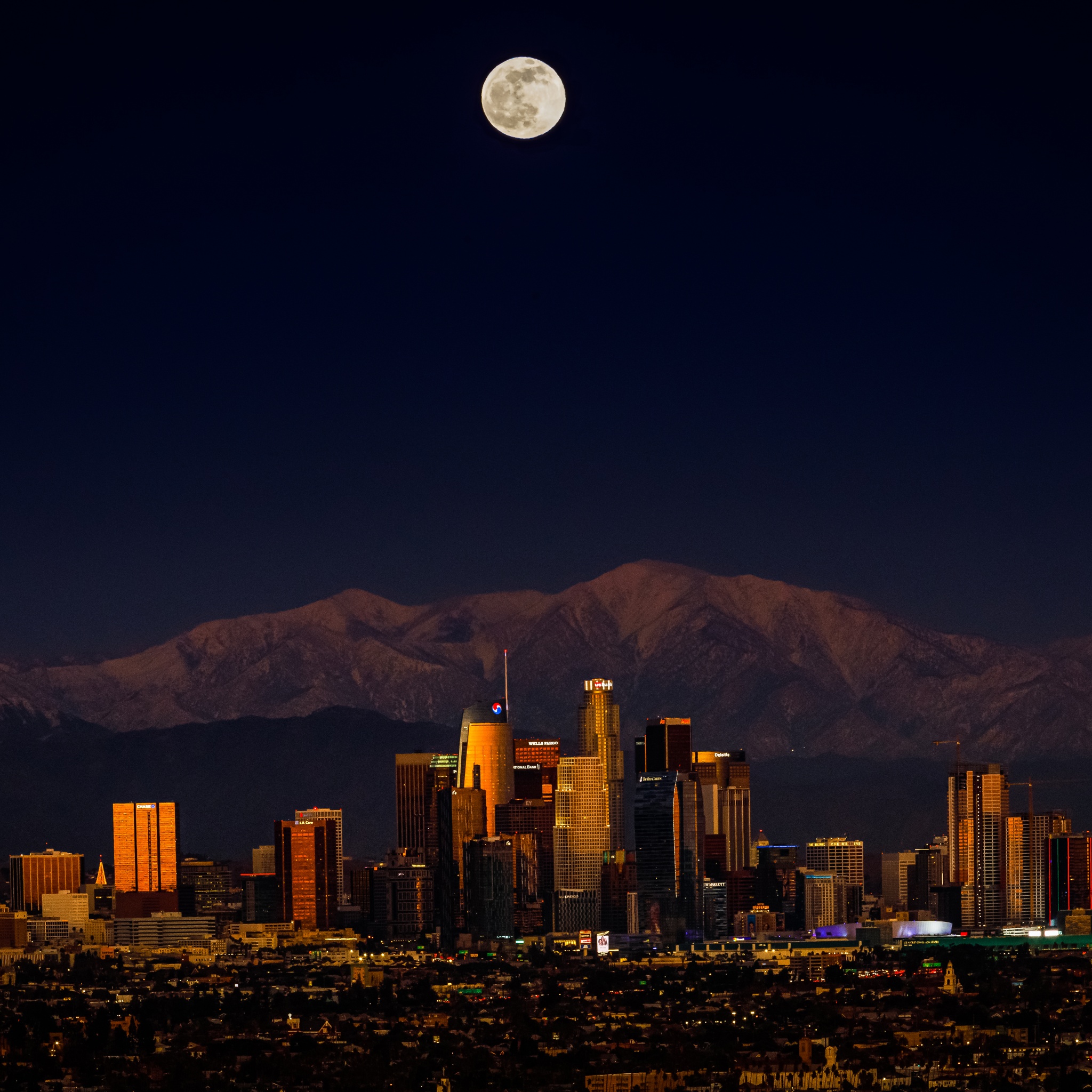 Los Angeles Wallpaper 4K, Downtown, Cityscape, Night, Full Moon, Dark