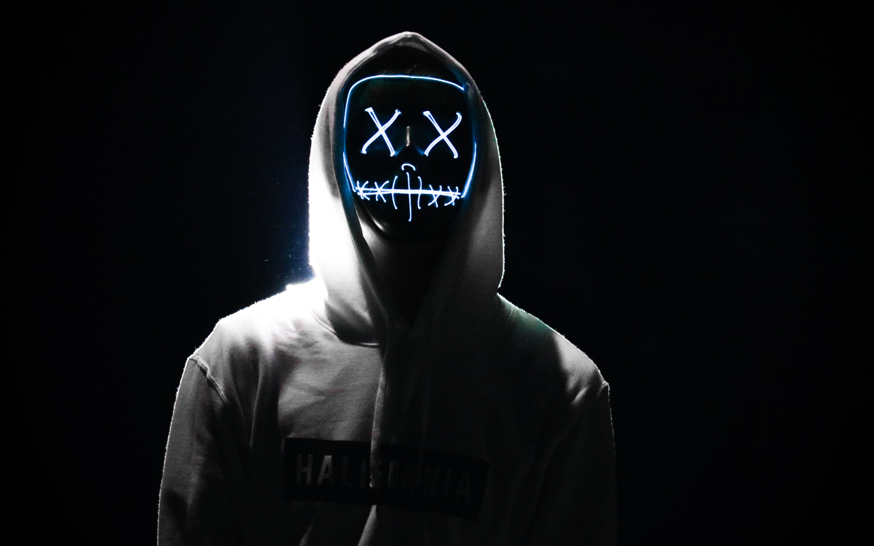 Man Wallpaper 4K, LED mask, Dope, Night, Anonymous, Hoodie, AMOLED