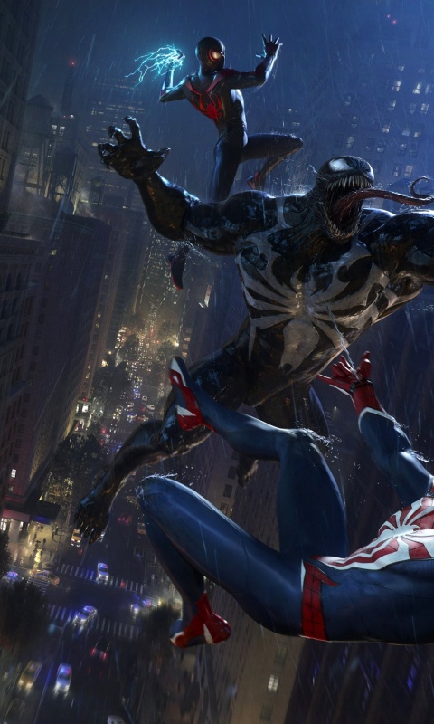 Venom, Miles Morales, Spider-Man Fight in Spider-Man 2 Game Wallpaper 4K