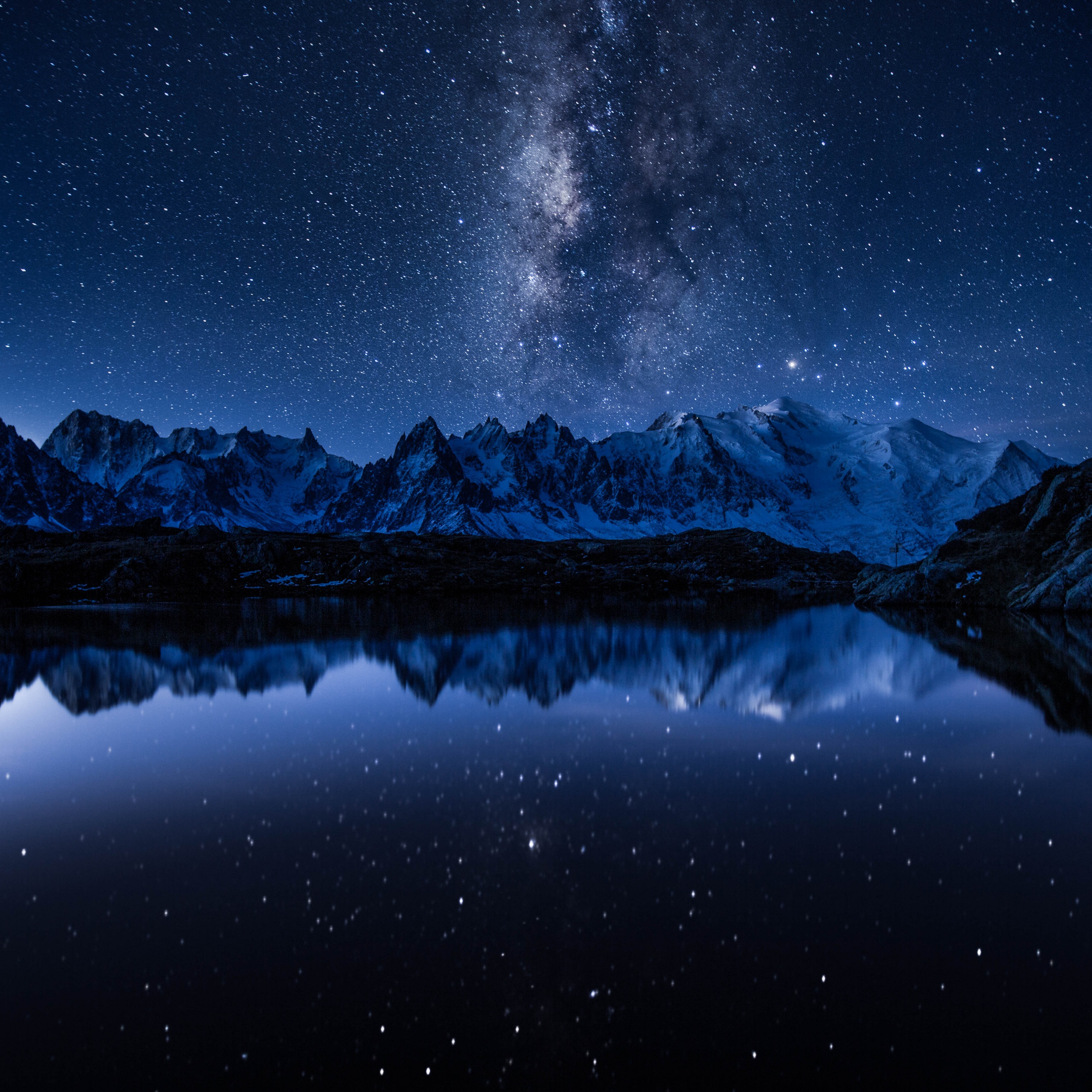 Milky Way Wallpaper 4K, Starry sky, Night, Mountains, Lake, Reflection